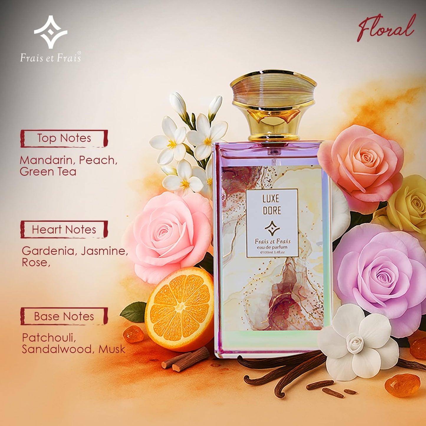 Frais et Frais Luxe Doré Perfume 100ML - Eau de Parfum - Women's Floral Fragrance with Gardenia, Orange Blossom & Patchouli - Medaid International