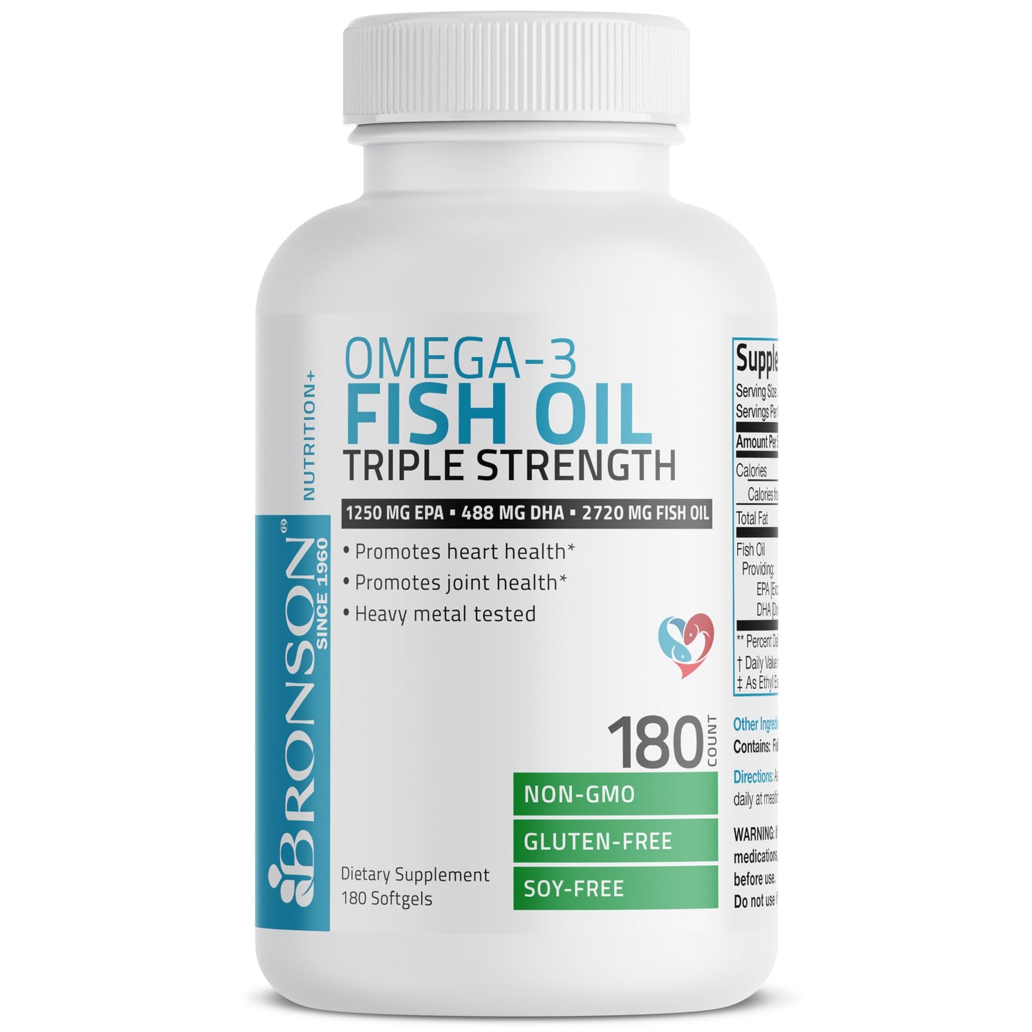 Bronson Omega 3 Fish Oil Triple Strength 2720 mg, High EPA 1250 mg DHA 488 mg, Non-GMO Heavy Metal Tested, 180 Softgels - Medaid International