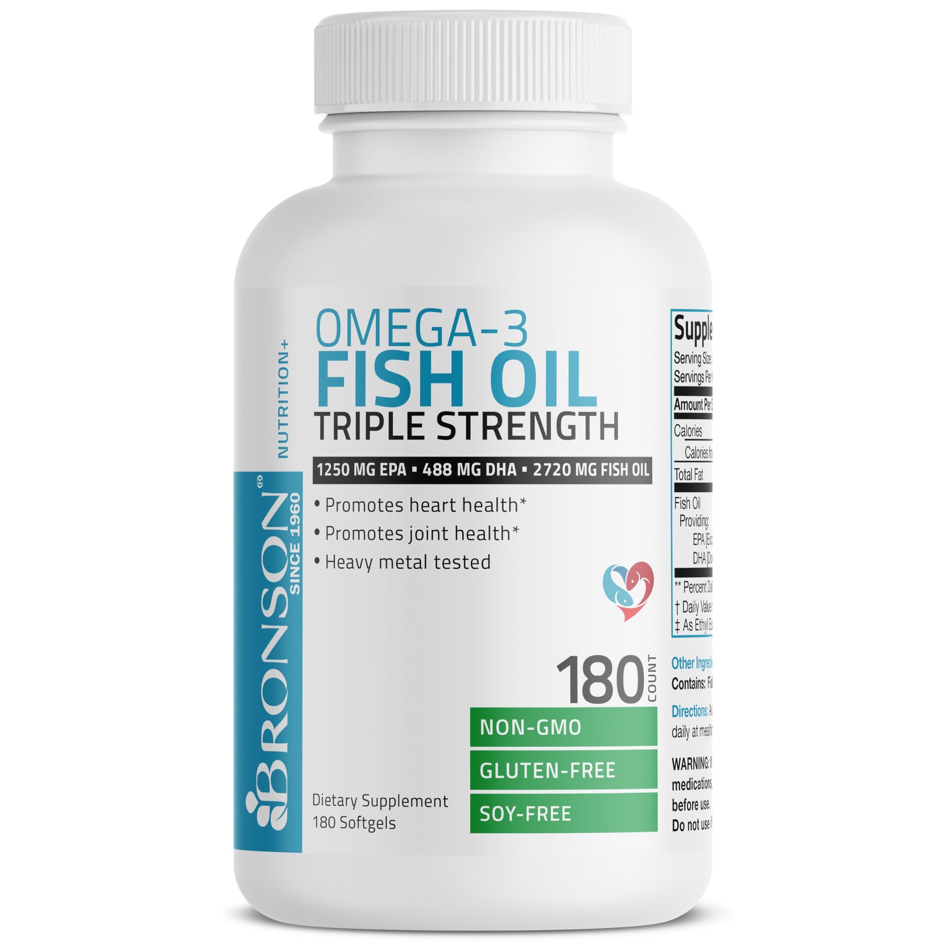 Bronson Omega 3 Fish Oil Triple Strength 2720 mg, High EPA 1250 mg DHA 488 mg, Non-GMO Heavy Metal Tested, 180 Softgels - Medaid International