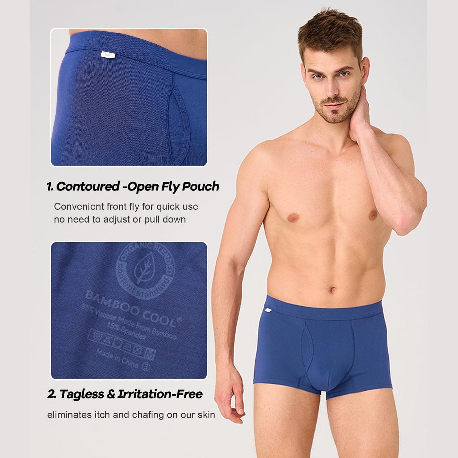 BAMBOO COOL Men's Trunks Underwear Soft Breathbale with Stretchy Full Coverage Waistband and Open Fly Pouch 4 Pack - Medaid International