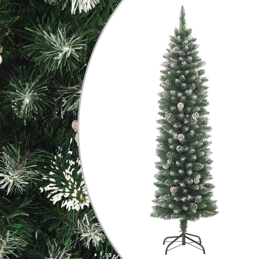 vidaXL 4ft Slim Artificial Christmas Tree with Stand - Green & White, Decorated with Cones and White Snow, Complete with Steel Stand - Medaid International