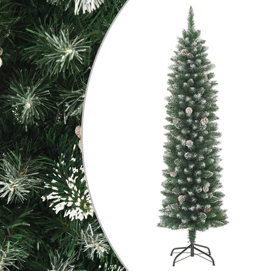 vidaXL 4ft Slim Artificial Christmas Tree with Stand - Green & White, Decorated with Cones and White Snow, Complete with Steel Stand - Medaid International