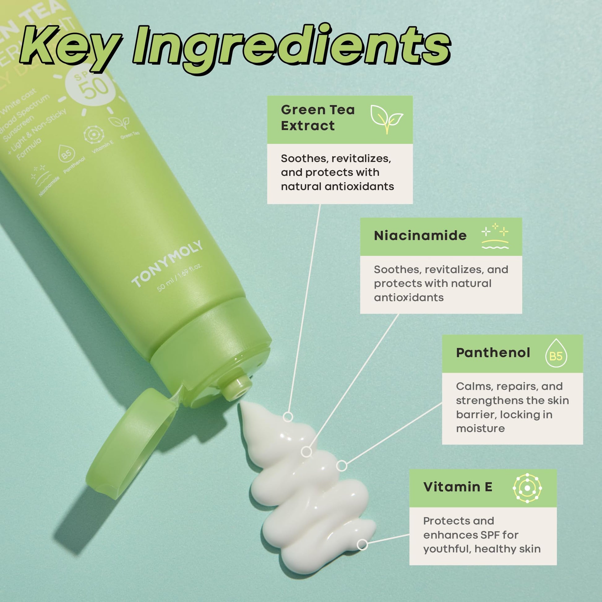 TONYMOLY Green Tea Korean Sunscreen SPF 50 – Non-Greasy Broad Spectrum Face Sunscreen with Niacinamide, Panthenol & Hyaluronic Acid, Travel Size 50ml - Medaid International