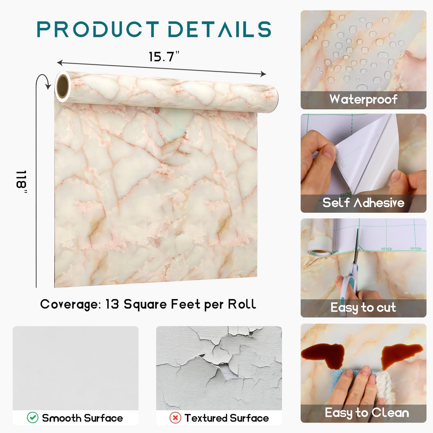 VEELIKE 15.74''x118.11'' Gold Pink Marble Contact Paper Wallpaper Stick and Peel Self Adhesive Removable Waterproof Wall Covering for Table Countertop Cabinet Drawer - Medaid International