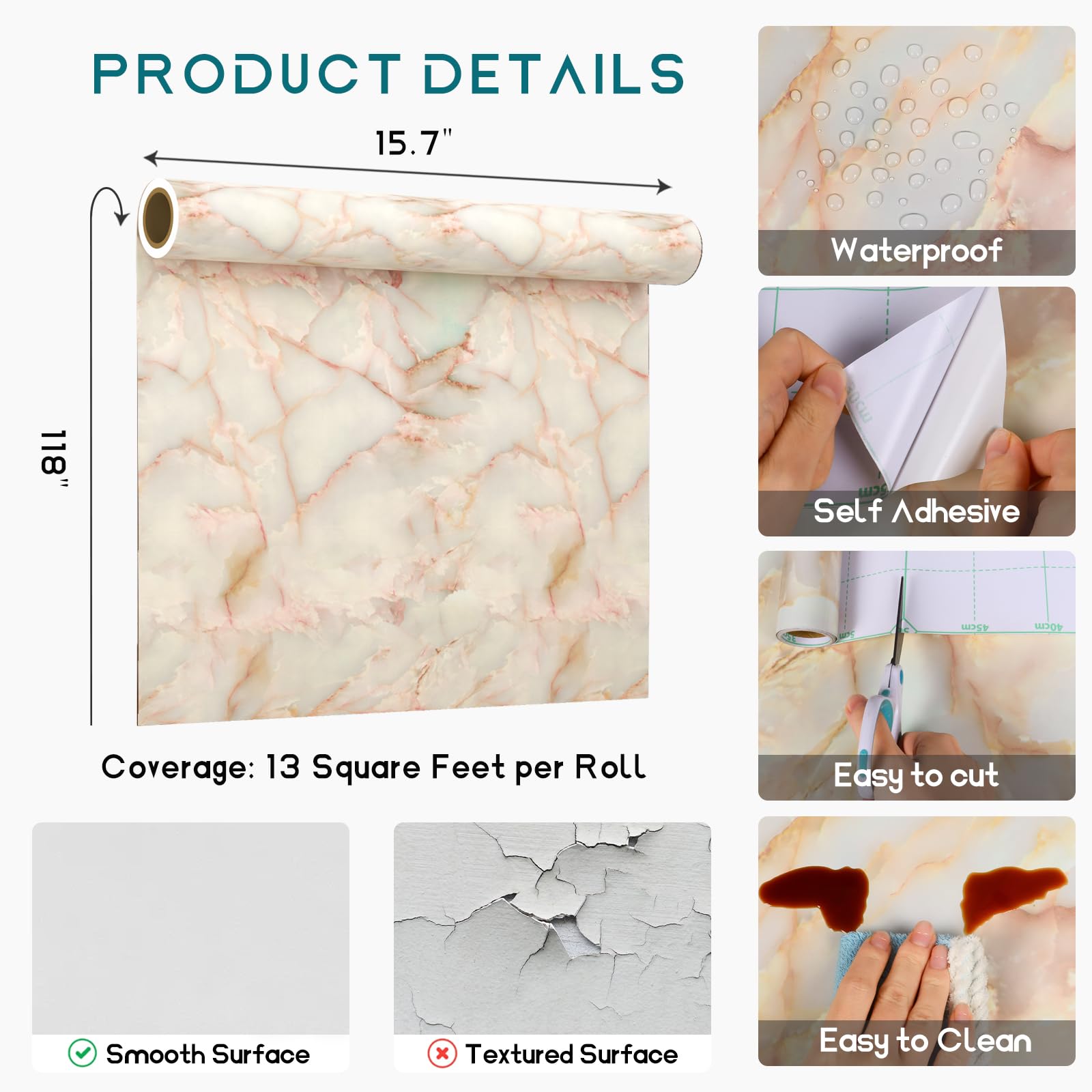 VEELIKE 15.74''x118.11'' Gold Pink Marble Contact Paper Wallpaper Stick and Peel Self Adhesive Removable Waterproof Wall Covering for Table Countertop Cabinet Drawer - Medaid International