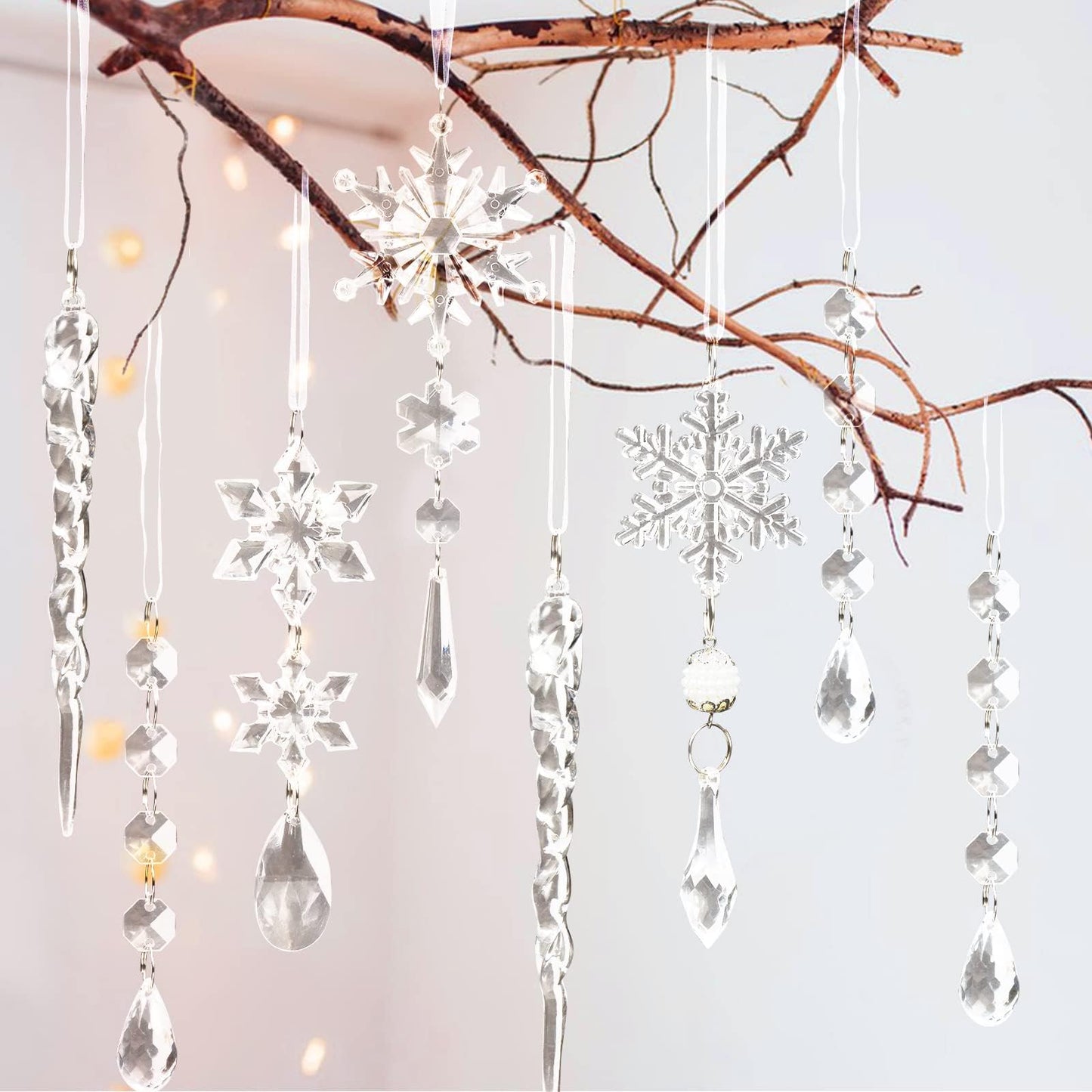 18pcs Christmas Tree Decoration Crystal Ornaments - Hanging Acrylic Christmas Snowflake Icicle Drop Crystal Ornaments for Xmas Tree Winter New Year Party Supplies - Medaid International