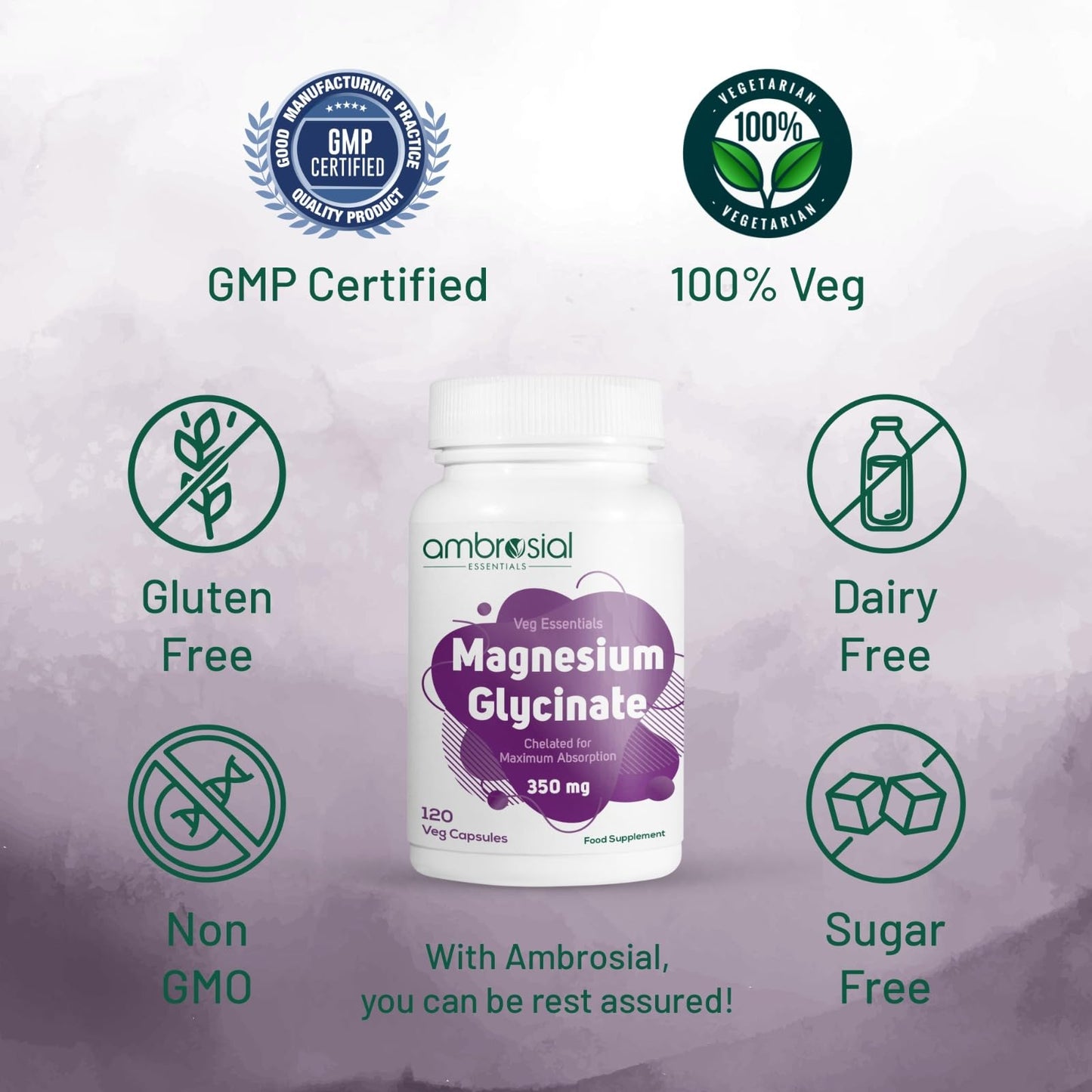 Ambrosial Magnesium Glycinate 350mg Pack of 1-120 Capsules - Medaid International