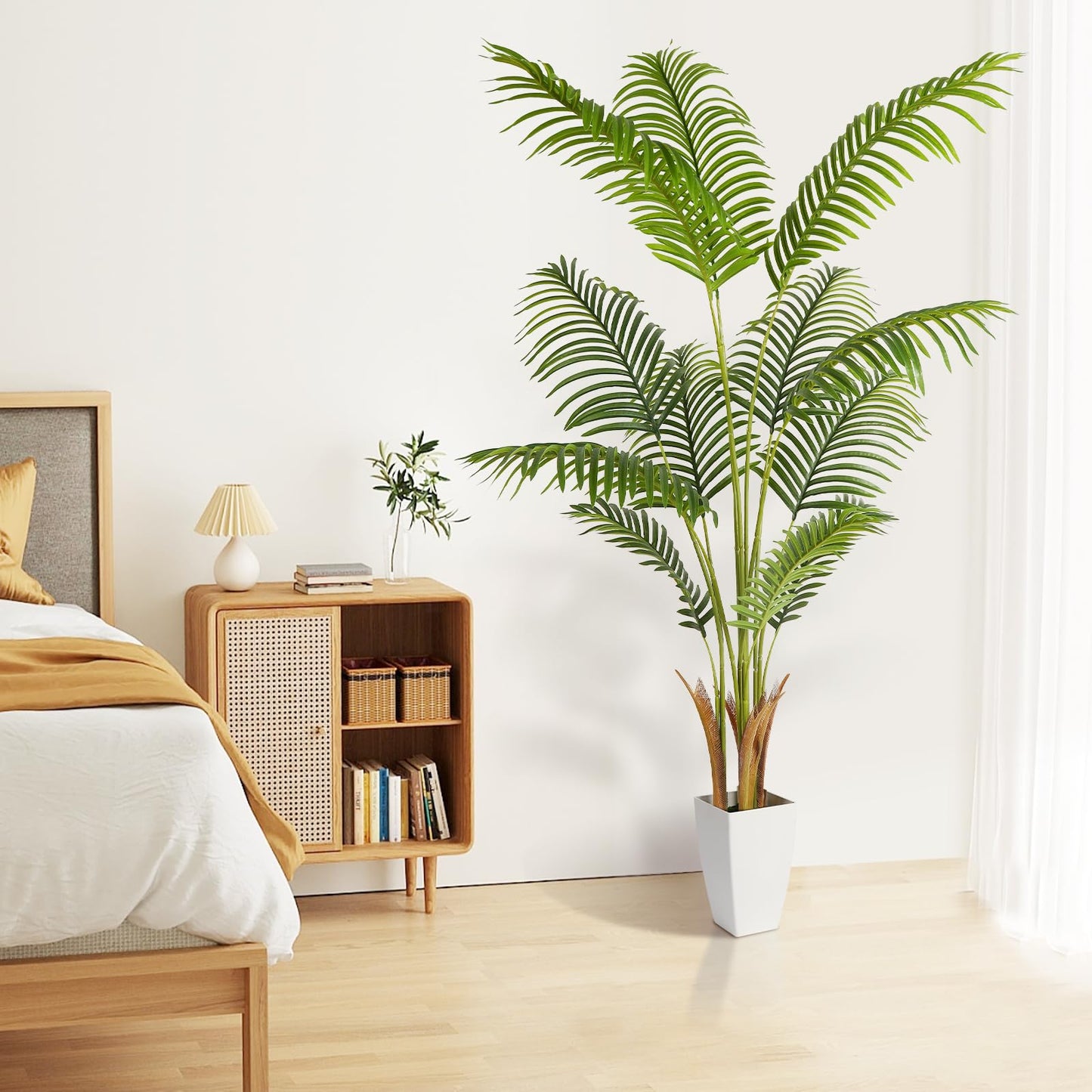 Alupssuc 5ft Artificial Palm Tree with White Planter, Tall Fake Palm Tree with Natural Trunk and Lifelike Leaves for Home Office Housewarming Gift, Artificial Silk Plant for Living Room Decor Indoor - Medaid International