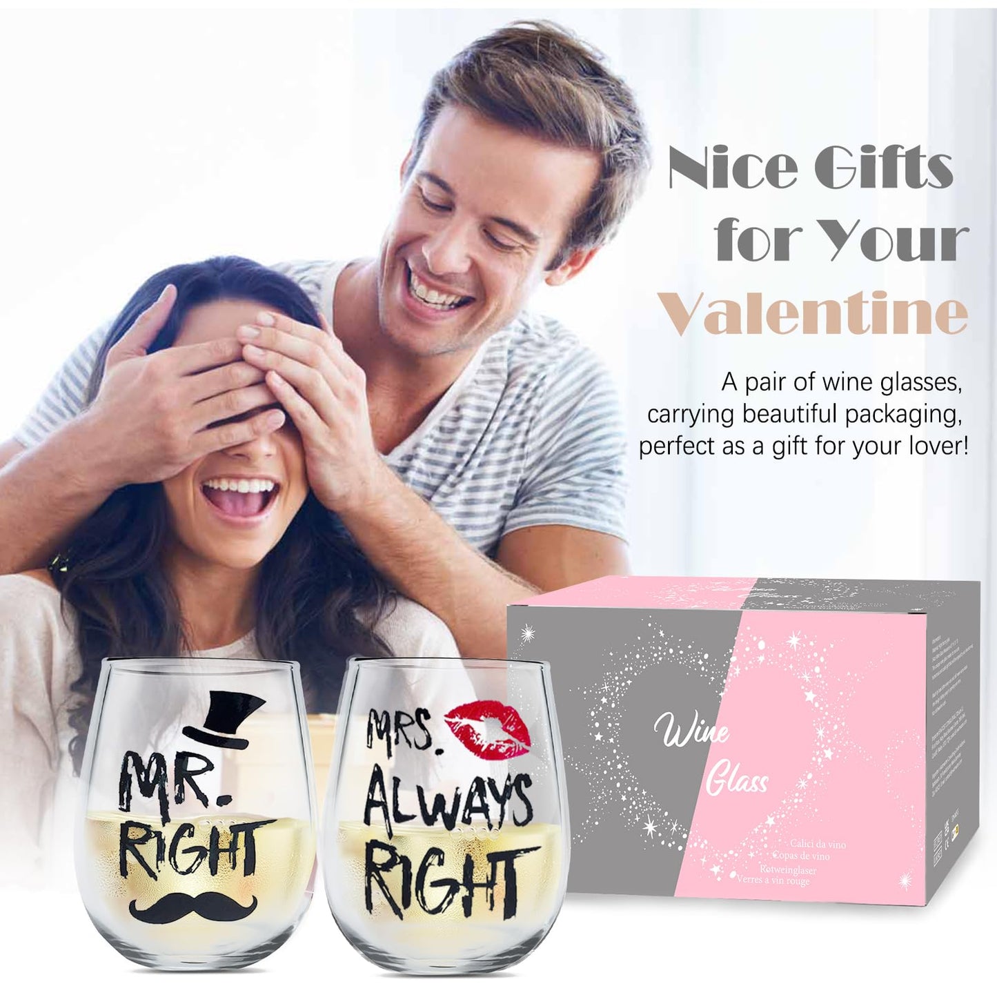 Yalucky Mr and Mrs Wine Glasses Set, Couple Mug Wedding Gifts, Golden Engagement Anniversary Presents for Bride and Groom, Husband & Wife, Bridal Shower Newlywed, Boy And Girl Friend - Medaid International