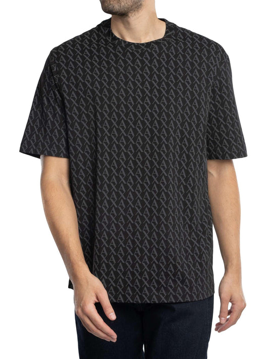 Armani Exchange Men's All Over Logo Tee, Black/Black Allover, Medium - Medaid International