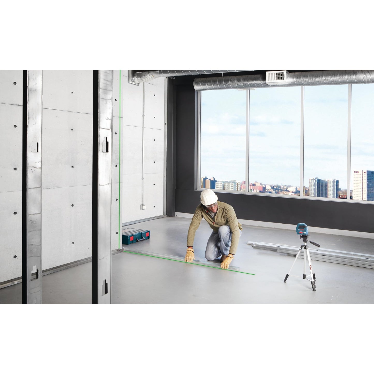 BOSCH GLL 100 GX 100 Ft Green-Beam Self-Leveling Cross-Line Laser, Includes 3 AA Batteries, Positioning Device, Green Laser Target Plate, & Heavy-Duty Pouch - Medaid International