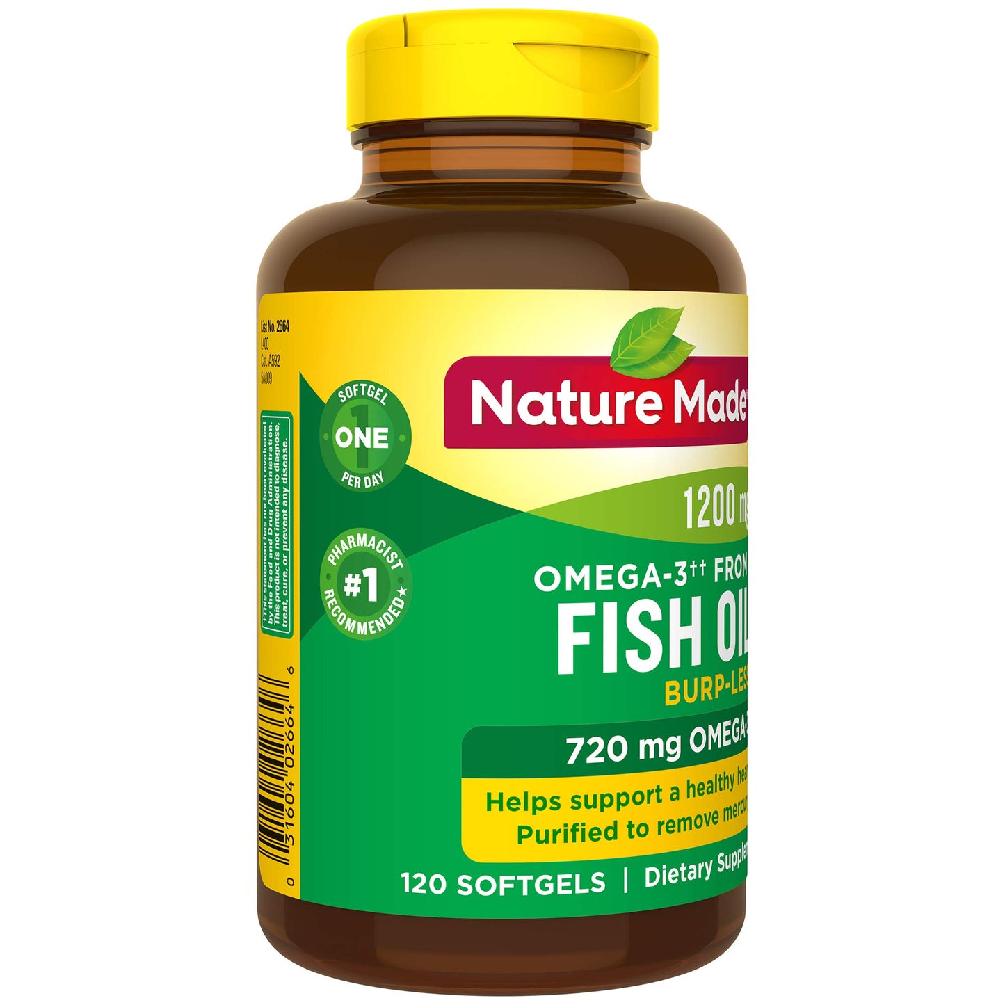 Burp-Less Fish Oil 1200 mg One Per Day, 120 Softgels, Fish Oil Omega 3 Supplement For Heart Health - Medaid International