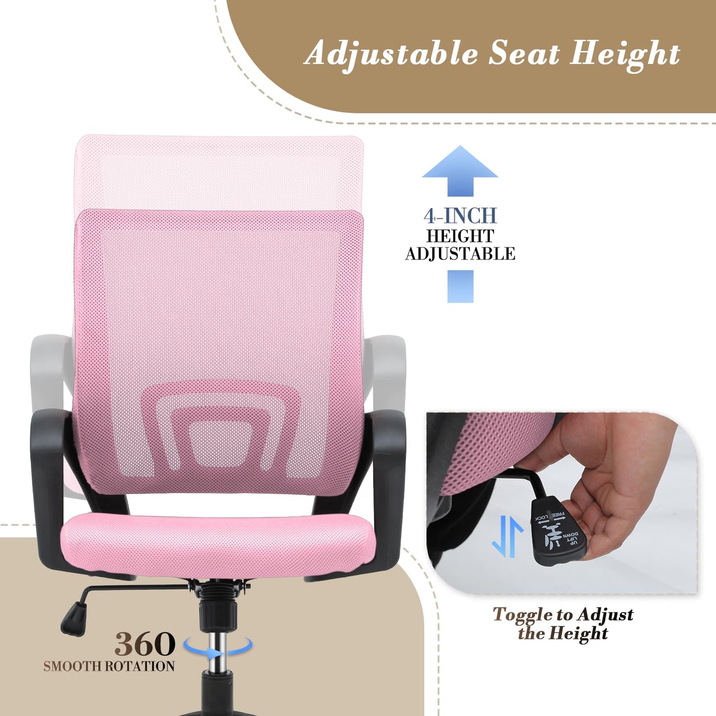 Athena Collection Computer Office Chair, Ergonomic Desk Chair with Rolling Wheels, Mesh Back Support and Height Adjustable, Small and Comfy for Home Office, Study, Pink - Medaid International