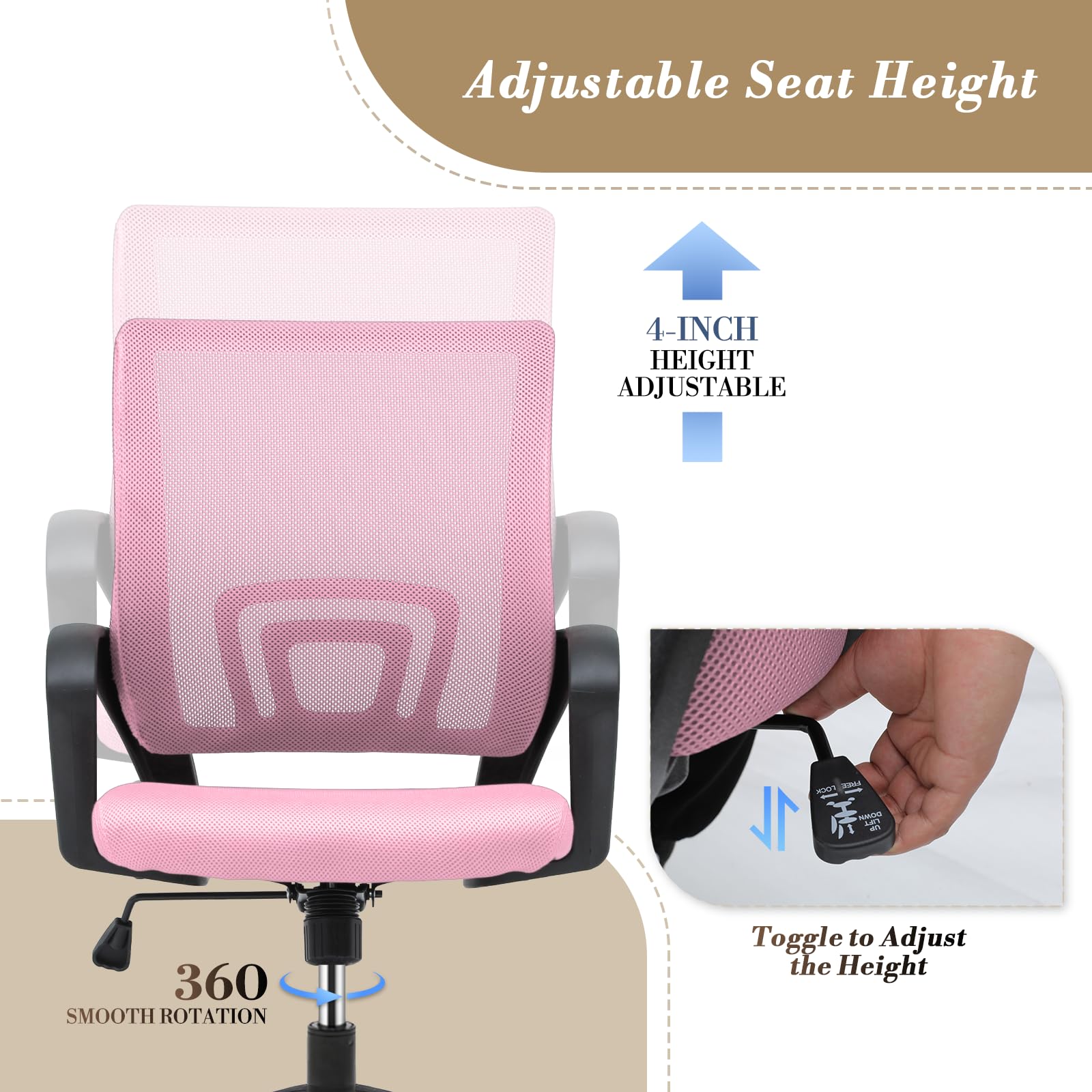 Athena Collection Computer Office Chair, Ergonomic Desk Chair with Rolling Wheels, Mesh Back Support and Height Adjustable, Small and Comfy for Home Office, Study, Pink - Medaid International