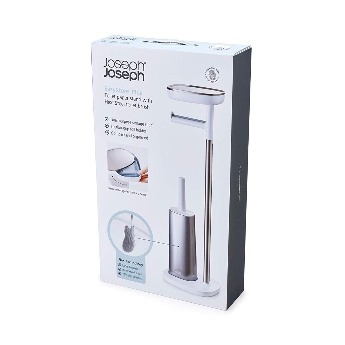 Joseph Joseph EasyStore Butler Toilet Paper Holder Stand and Flex Toilet Brush with Shelf and Drawer, Stainless Steel - Medaid International