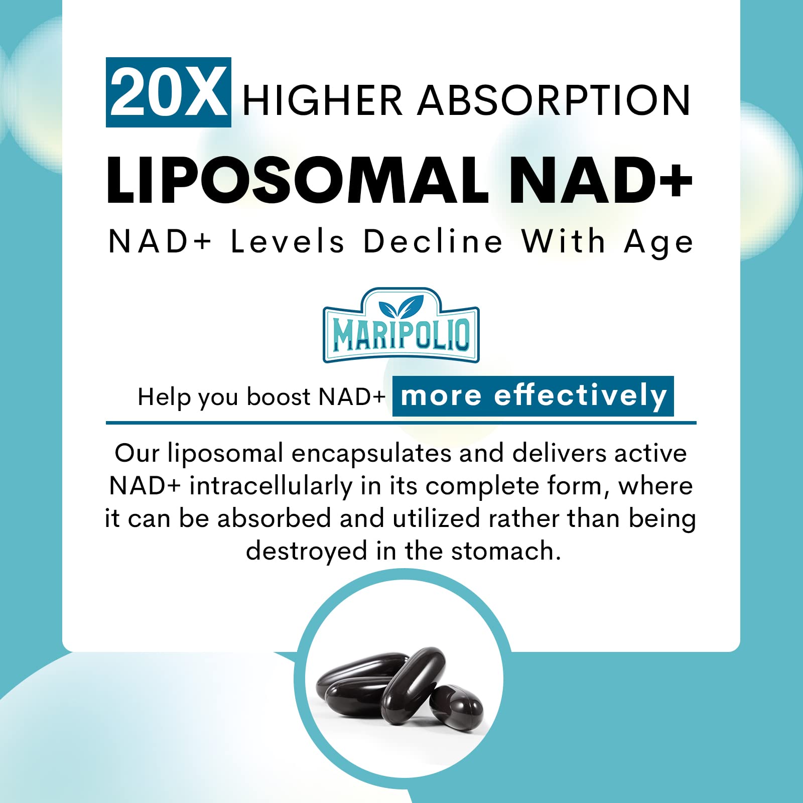 Liposomal NAD+ Supplement 1000 mg | Highest NAD Pontecy | Max Absorption | Pure NAD Supplement | Energy and DNA Repair, Aging Defense, Brain Function | 60 Softgels - Medaid International