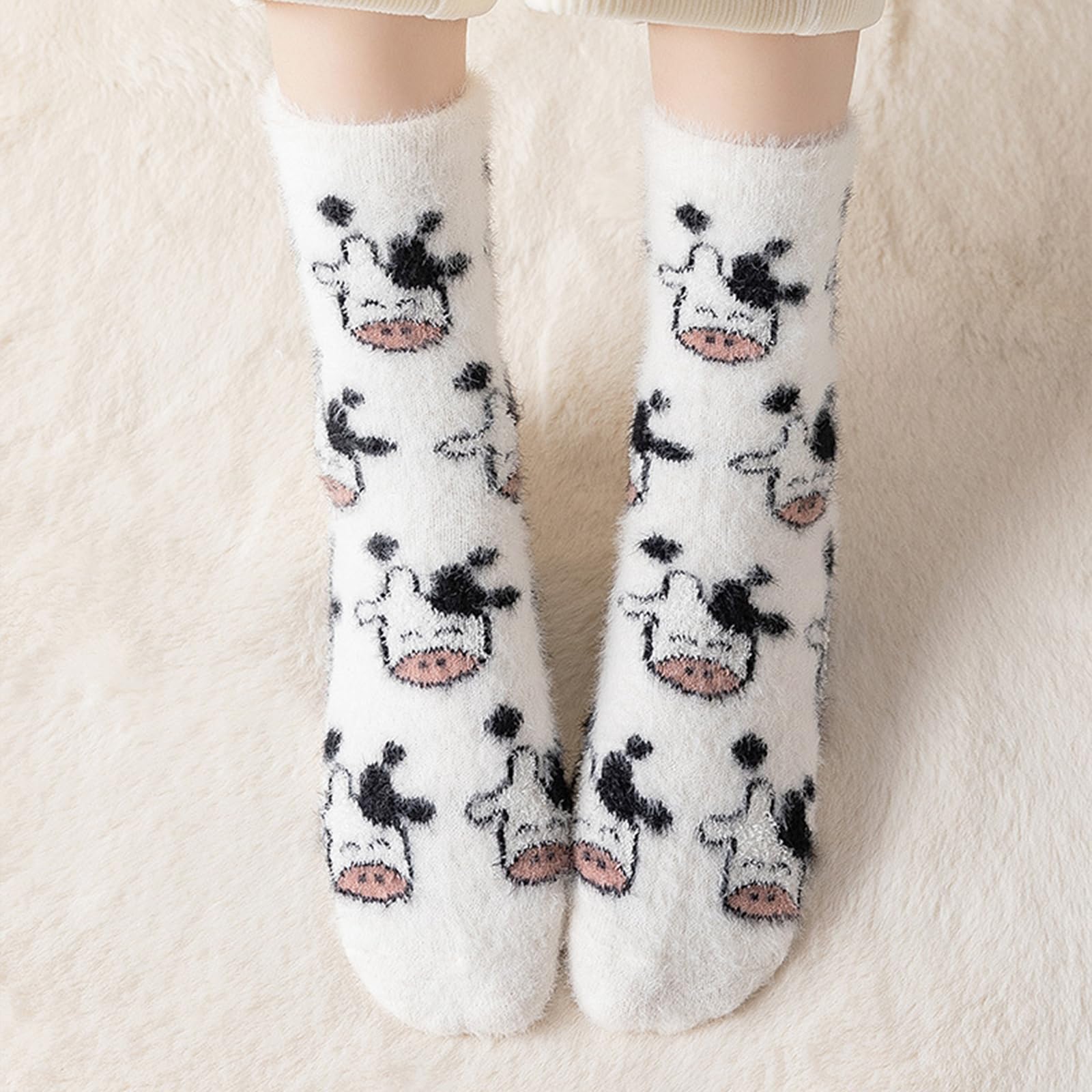 Cute Cow Print Socks for Women Fuzzy Winter Fluffy Lazy Sleeper Socks Warm Thick Cozy Trendy Christmas Gifts for Teen Girls - Medaid International