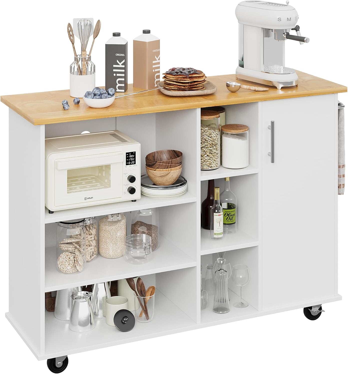 Shintenchi Kitchen Island Cart with Storage,Rolling Kitchen Island Storage Cabinet,Side Table on Wheels with Worktop,3 Open Shelves and 3 Drawers for Kitchen,Dinning Room, White - Medaid International