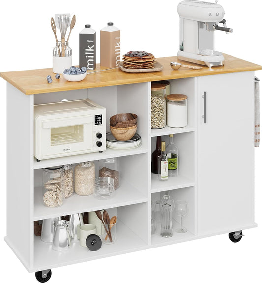 Shintenchi Kitchen Island Cart with Storage,Rolling Kitchen Island Storage Cabinet,Side Table on Wheels with Worktop,3 Open Shelves and 3 Drawers for Kitchen,Dinning Room, White - Medaid International