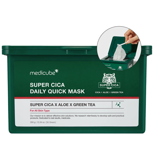 medicube Super Cica Daily Quick Facial Masks (30 Sheets) - 60-Second Soothing & Hydrating Facial Mask with 88% Cica, Instant Cooling & Moisturization - 100% Vegan Certified, Korean Skincare - Medaid International