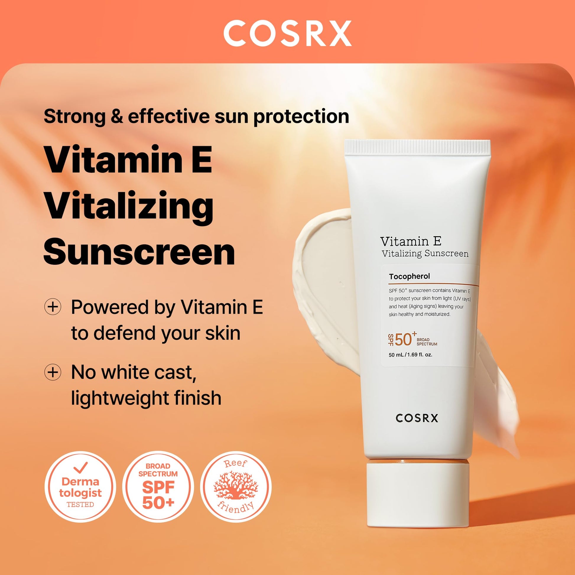 COSRX Vitamin E Vitalizing Face Sunscreen SPF 50, 1.69 fl oz, SPF Moisturizer, Lightweight under Makeup, Summer Travel Essentials, Korean Skin Care, Korean Sunscreen for Face, Stocking Stuffers - Medaid International