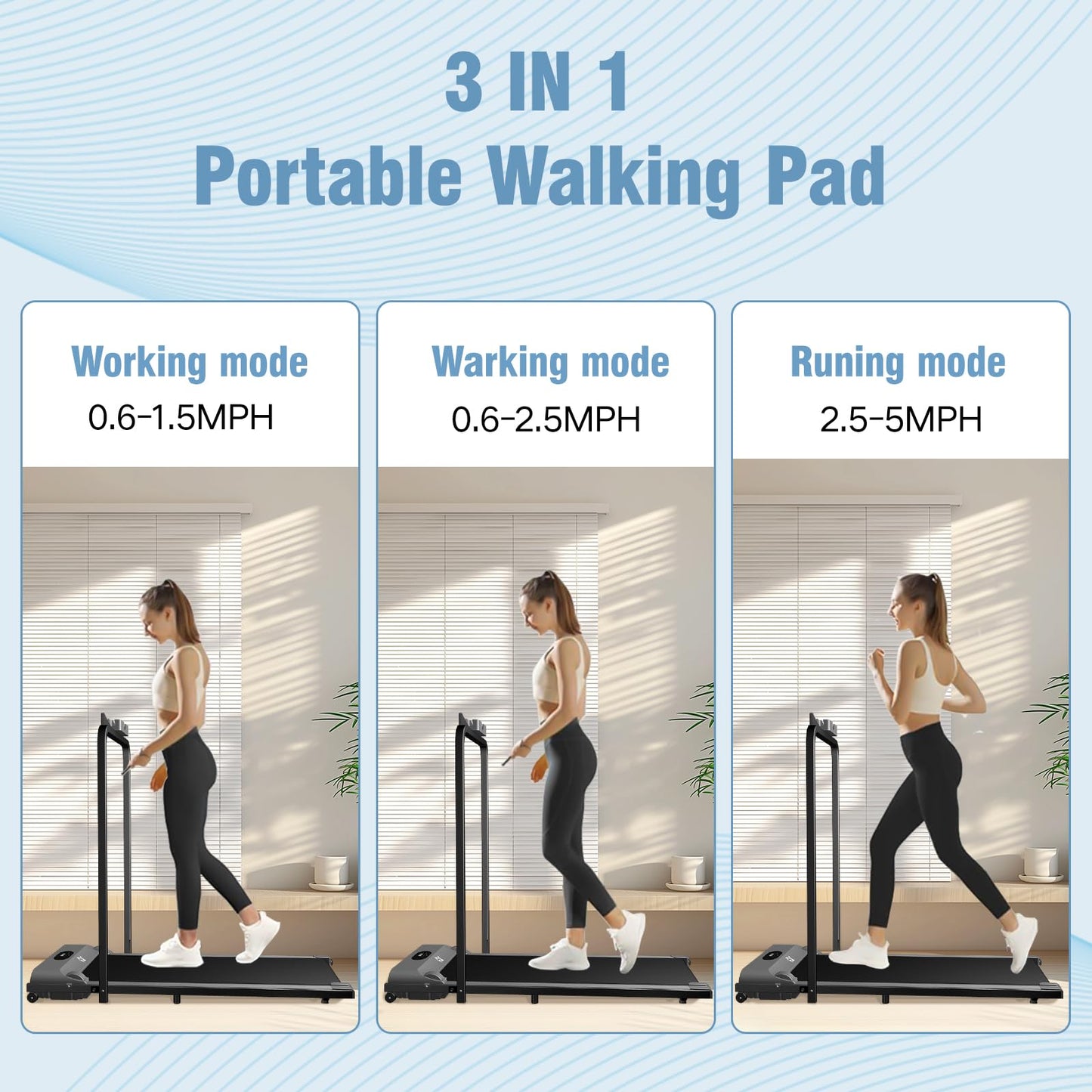 Walking Pad Treadmill, 3 in 1 for Walking and Jogging, Low Noise, Under Desk for Home/Office with LED Display, Remote Control, Installation-Free, Collapsible armrests Grey - Medaid International