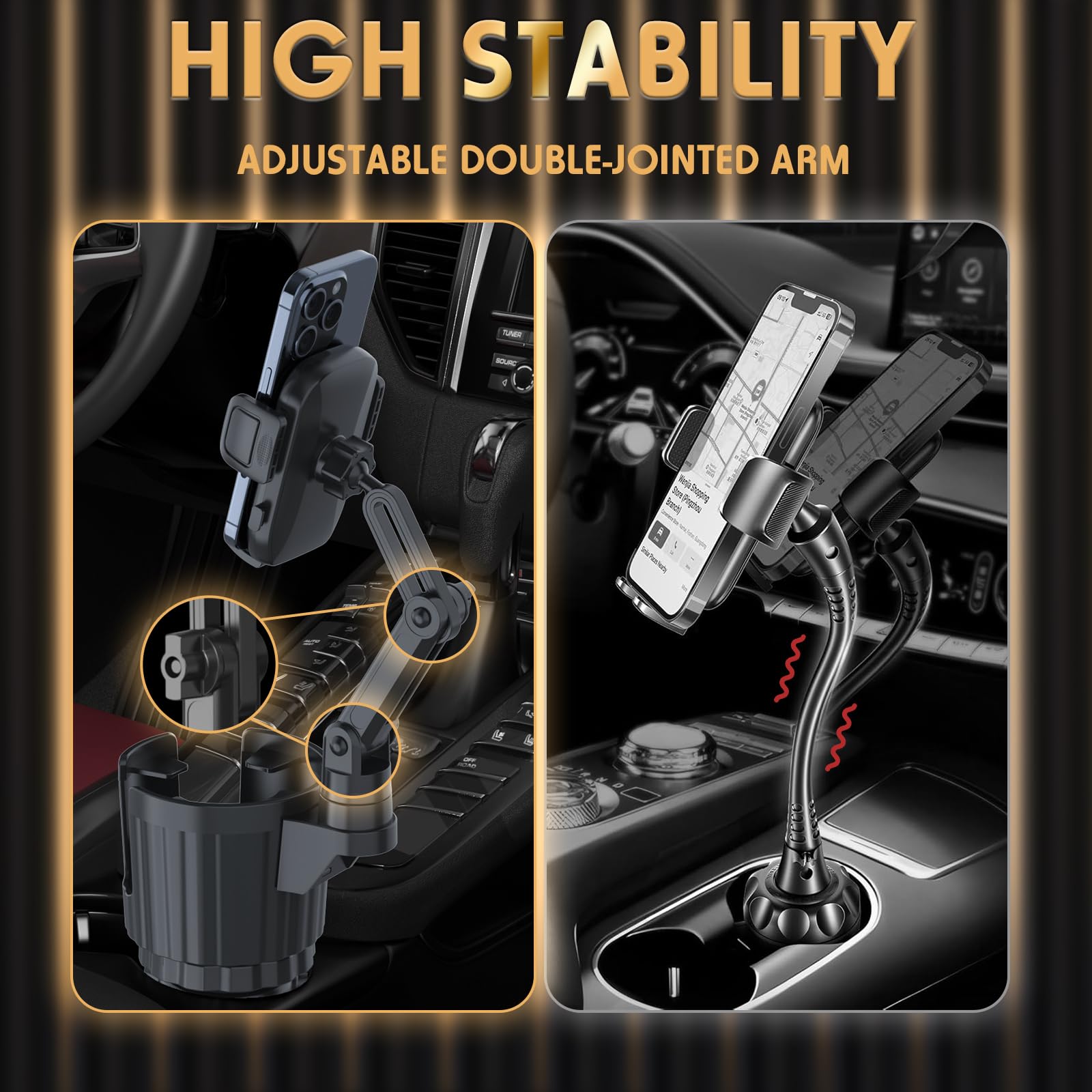 Phone Holders for Your Car, 2 in 1 Universal Cup Holder Expander Adjustable Base with Phone Mount, Long Arm with 360°Rotation Cup Holder Phones Mount for Car Compatible with All Smartphones - Medaid International