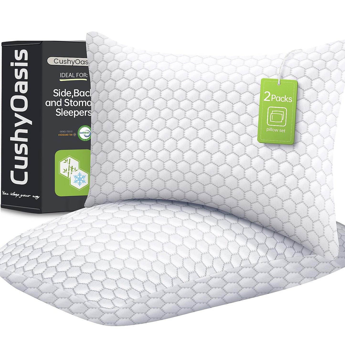 CushyOasis Shredded Memory Foam Pillow for Sleeping, Cooling Bed Pillows Set of 2, Adjustable Pillows for Side, Back, Stomach Sleepers with Washable Pillowcase (Queen Size, Grey) - Medaid International