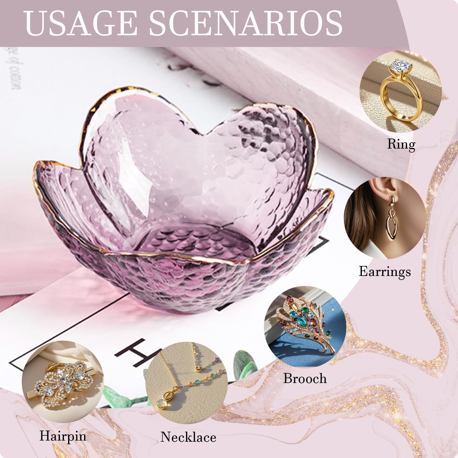 Purple Flower Jewelry Dish Glass Ring Holder Dish Jewelry Tray Cute Vanity Organizer Aesthetic Nightstand Bathroom Room Decor Trinket Dish Valentine's Friendship Christmas Birthday Gifts for Women - Medaid International