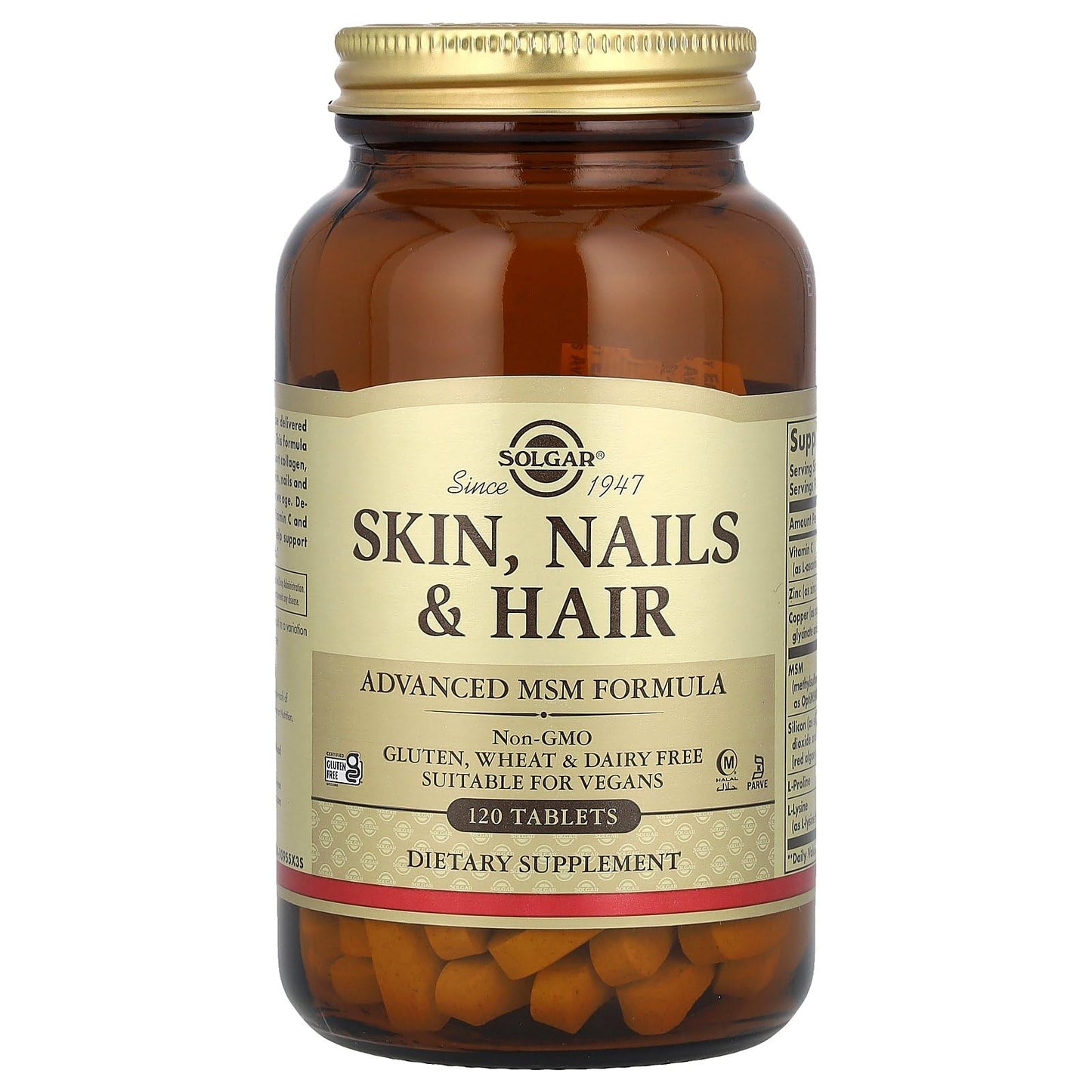 Solgar Skin, Nails & Hair, Advanced MSM Formula, 120 Tablets - Supports Collagen for Hair, Nail and Skin Health - Provides Zinc, Vitamin C & Copper - Non GMO, Vegan, Gluten & Dairy Free - 60 Servings ,Standard Packaging , 120 Count - Medaid International