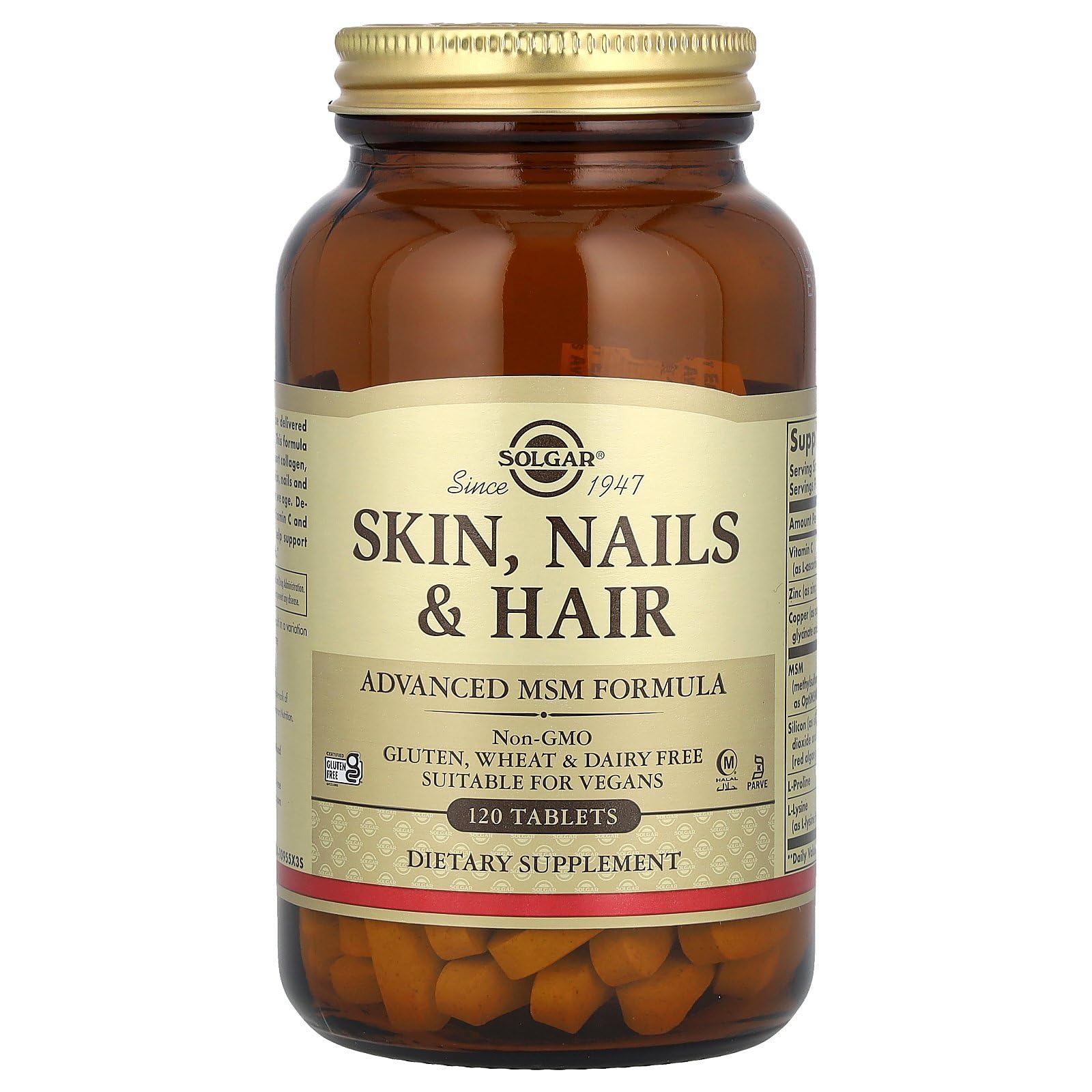 Solgar Skin, Nails & Hair, Advanced MSM Formula, 120 Tablets - Supports Collagen for Hair, Nail and Skin Health - Provides Zinc, Vitamin C & Copper - Non GMO, Vegan, Gluten & Dairy Free - 60 Servings ,Standard Packaging , 120 Count - Medaid International