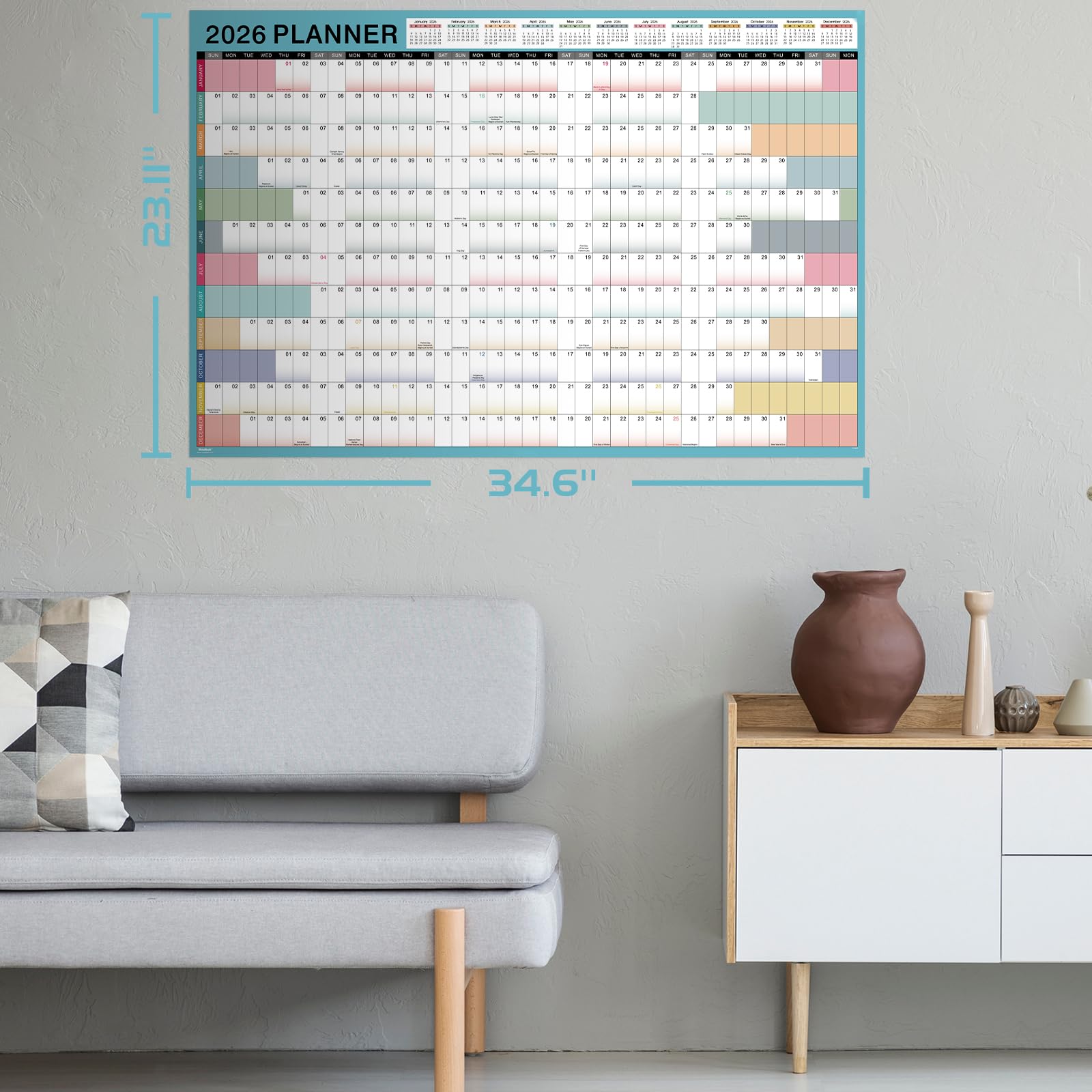 2026 Yearly Wall Calendar - 2026 Calendar, Yearly Wall Calendars 2026, Jan 2026 - Dec 2026, 23.1" x 34.6" (Open), 2026 Wall Calendar 12 Month, Julian Dates, Thick Paper, Round Stickers, Large Calendar - Medaid International