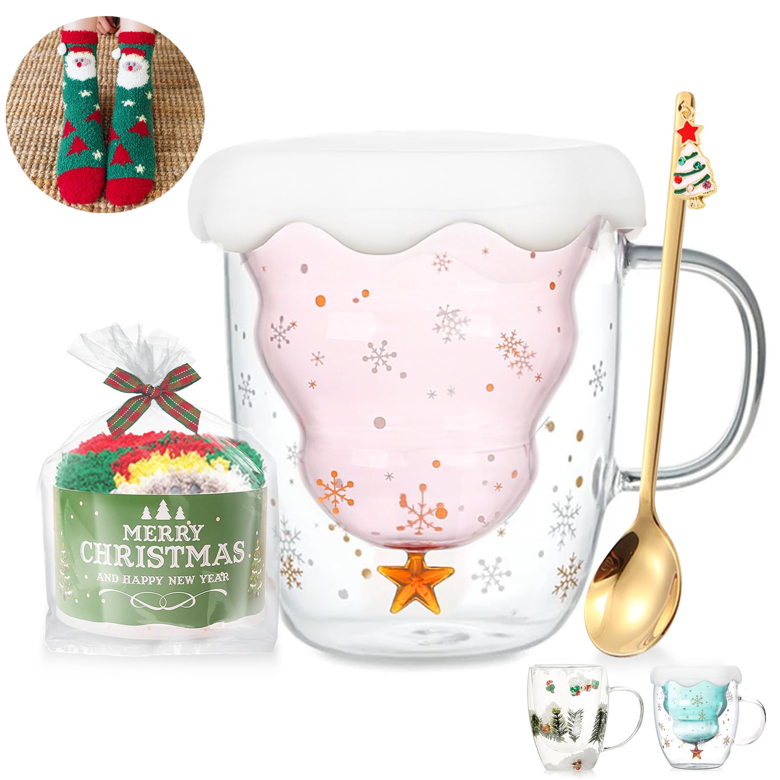 Binoster Cute Mugs Christmas Gifts Coffee Mug Double Walled Glass Mugs Milk Tea Espresso Cup Christmas Tree Decorations Christmas Funny Gifts for Women Men Kids Girls Her Best Friend（Pink） - Medaid International