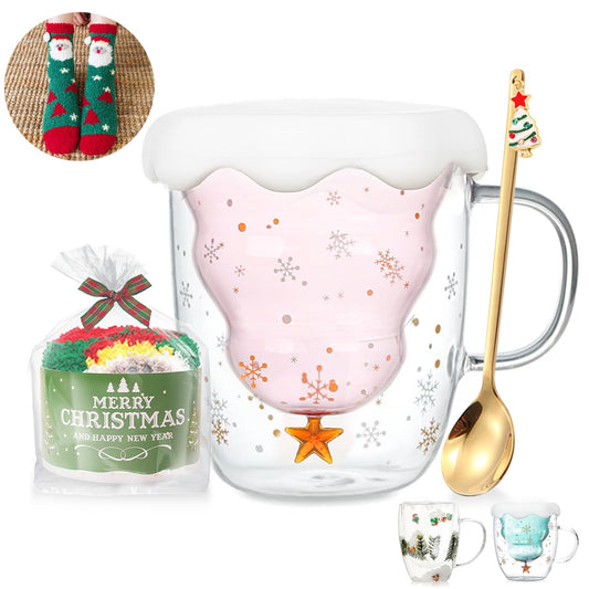 Binoster Cute Mugs Christmas Gifts Coffee Mug Double Walled Glass Mugs Milk Tea Espresso Cup Christmas Tree Decorations Christmas Funny Gifts for Women Men Kids Girls Her Best Friend（Pink） - Medaid International