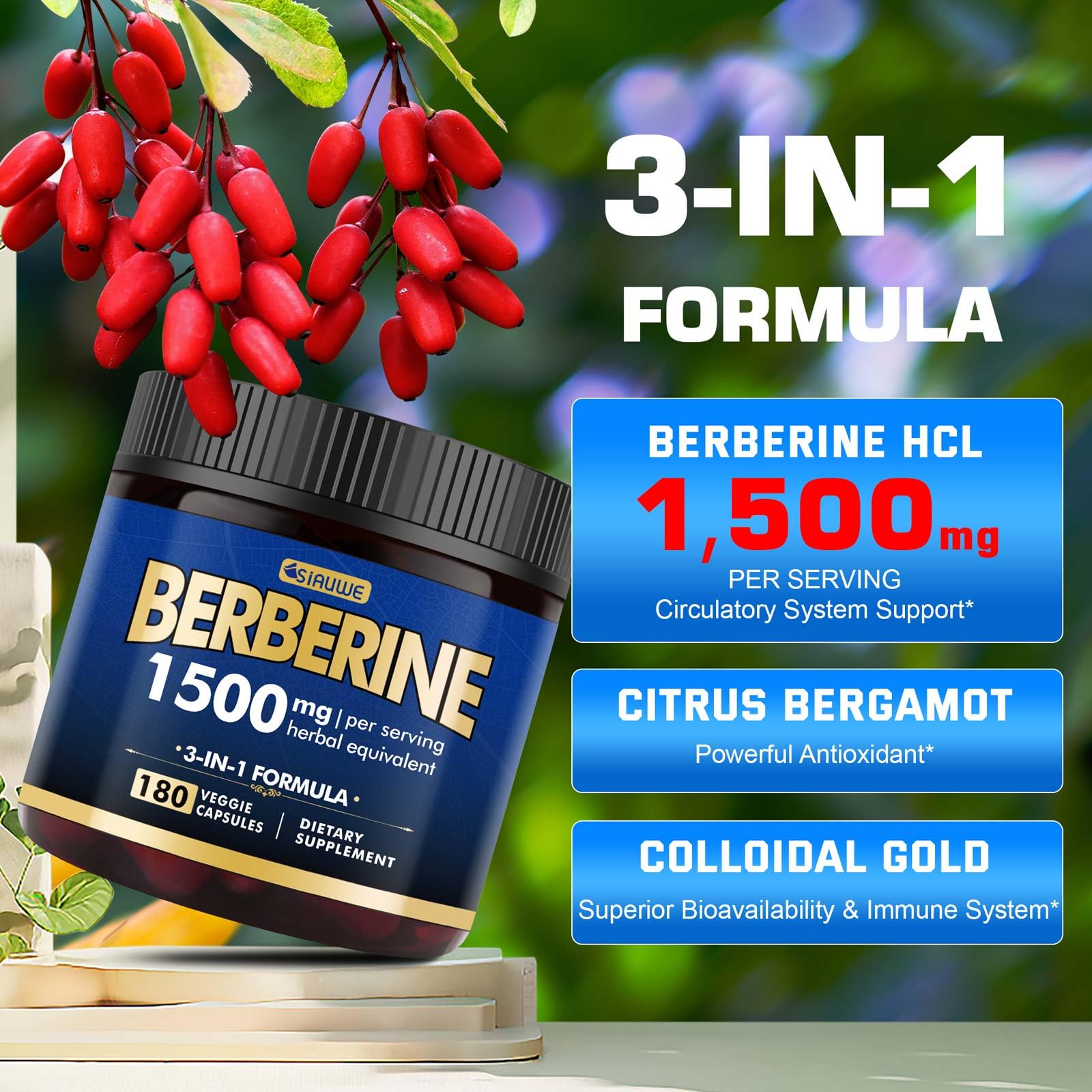 Berberine Supplement - Berberine Weight Loss, High-Potency Berberine 1500MG of Berberine HCL, Plus Citrus Bergamot - for Metabolic, Digestive, and Immune Support - Vegan, Non-GMO, 180 Capsules - Medaid International