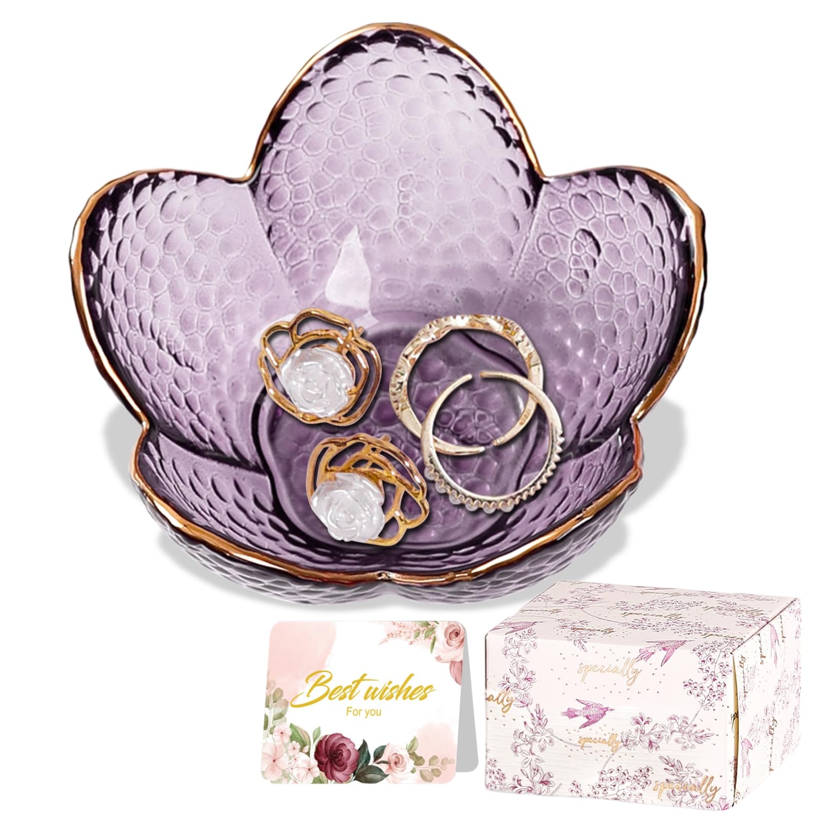 Purple Flower Jewelry Dish Glass Ring Holder Dish Jewelry Tray Cute Vanity Organizer Aesthetic Nightstand Bathroom Room Decor Trinket Dish Valentine's Friendship Christmas Birthday Gifts for Women - Medaid International