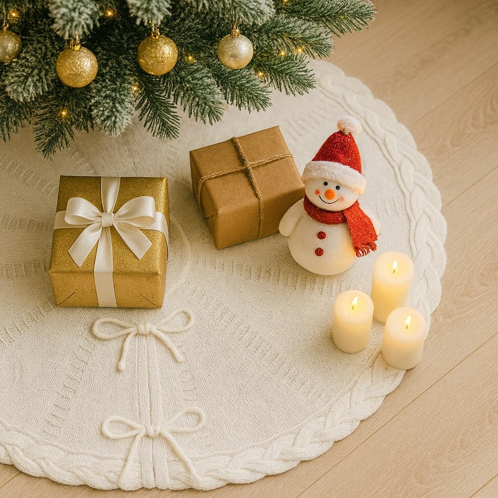 PUKUPIG 24 Inch White Knitted Small Christmas Tree Skirt, Chunky Cable Knit with Braided Scalloped Edge, Perfect for Xmas Holiday Decorations - Medaid International