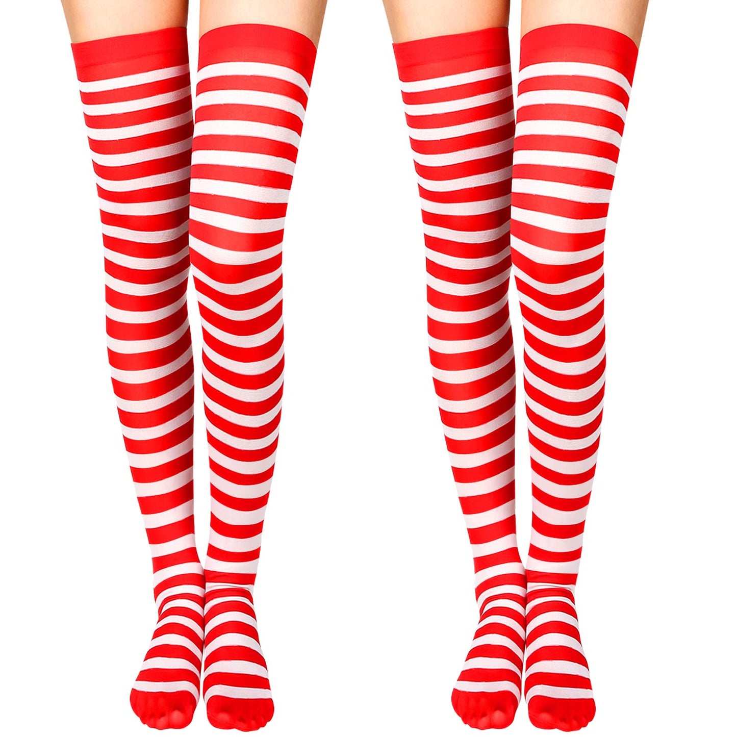 SATINIOR 2 Pairs Halloween Women Thigh High Socks Christmas Striped Long Stockings Women over Knee High Socks Gifts(Striped 1,Red,White) - Medaid International