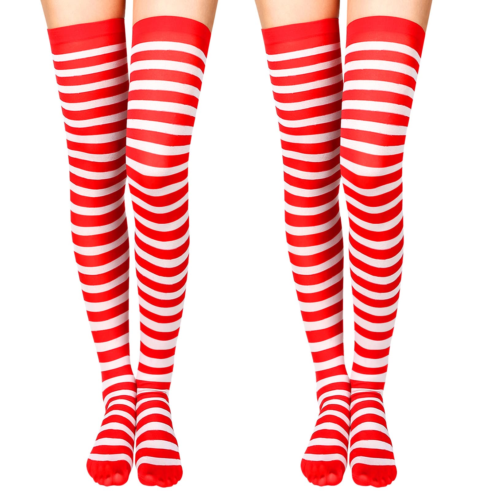 SATINIOR 2 Pairs Halloween Women Thigh High Socks Christmas Striped Long Stockings Women over Knee High Socks Gifts(Striped 1,Red,White) - Medaid International