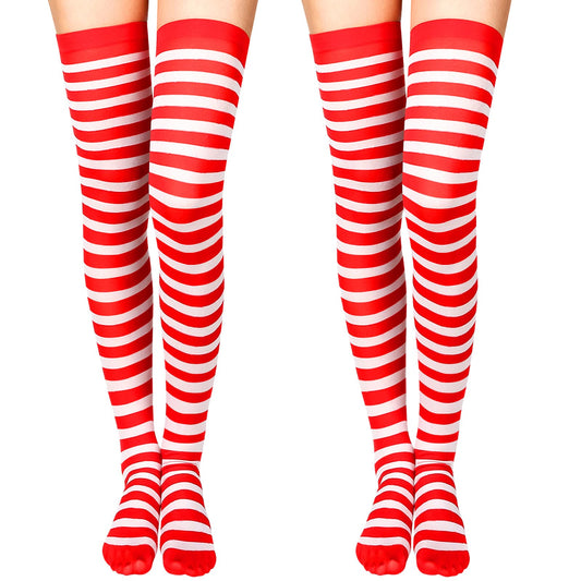 SATINIOR 2 Pairs Halloween Women Thigh High Socks Christmas Striped Long Stockings Women over Knee High Socks Gifts(Striped 1,Red,White) - Medaid International