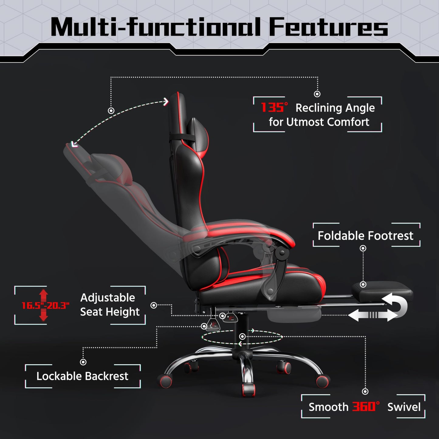Yaheetech Gaming Chair, Video Game Chair with Massage Lumbar Support and Footrest Height Adjustable Ergonomic Computer Chair with Swivel Seat and Headrest, Black/Red - Medaid International