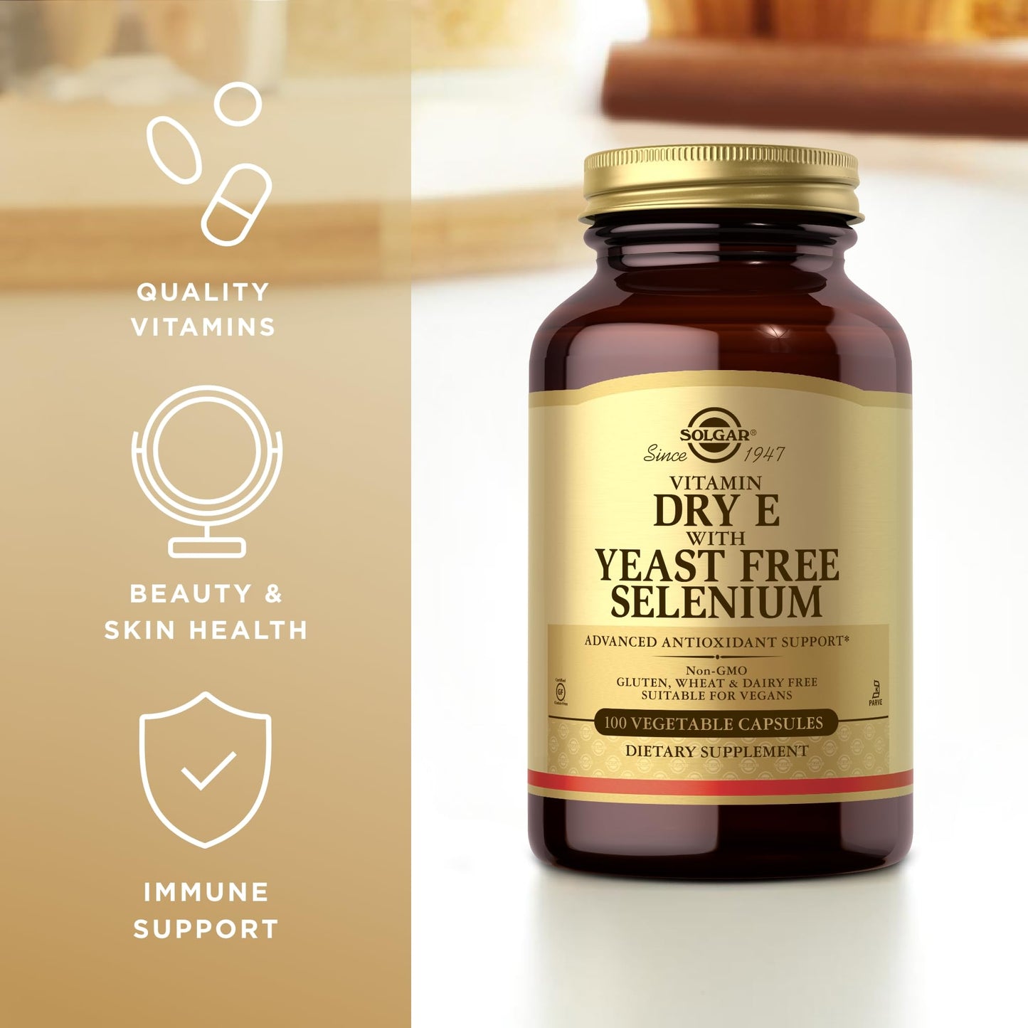 Solgar Dry Vitamin E with Yeast-Free Selenium - 100 Vegetable Capsules - Advanced Antioxidant Support - Non-GMO, Vegan, Gluten Free, Dairy Free, Kosher - 50 Servings - Medaid International