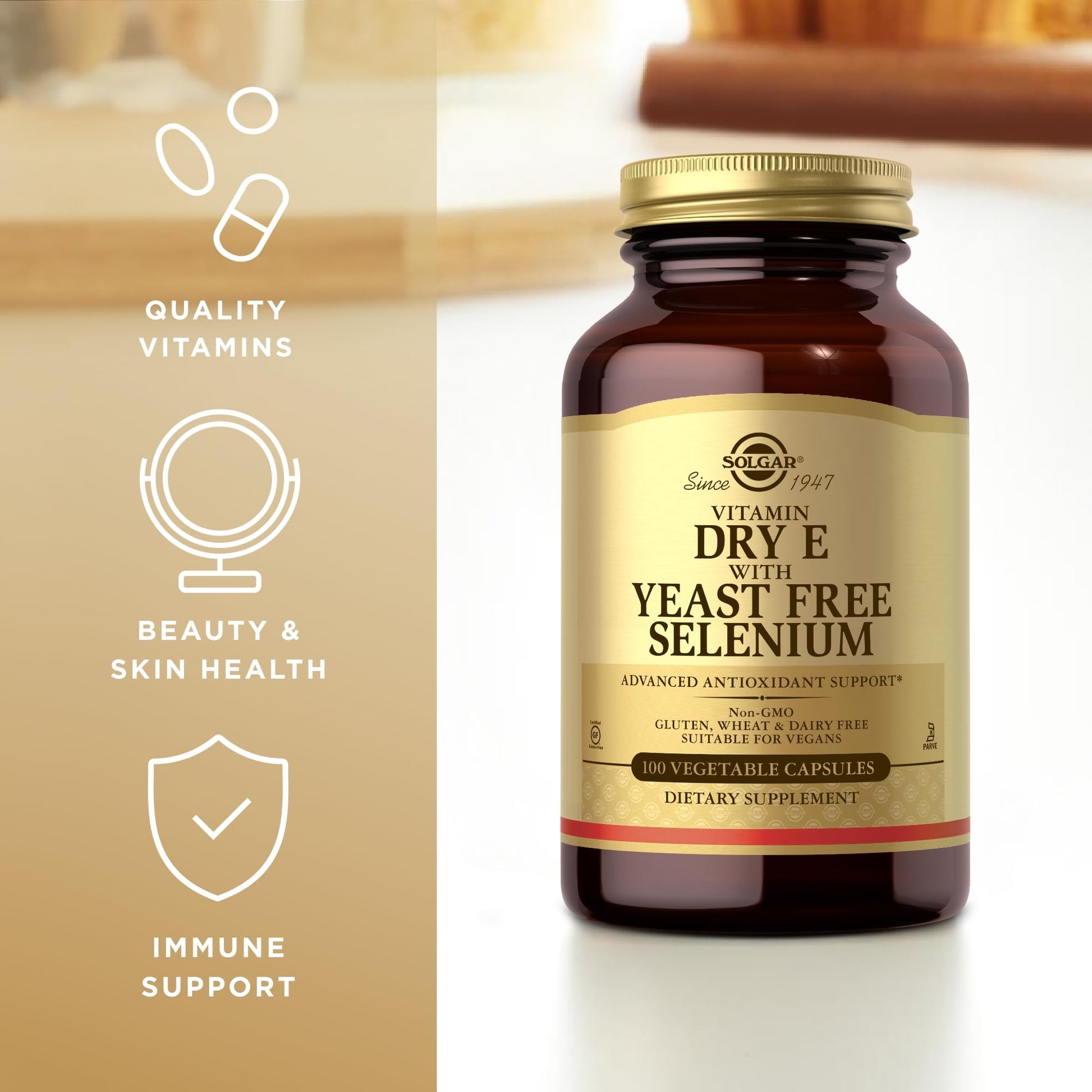 Solgar Dry Vitamin E with Yeast-Free Selenium - 100 Vegetable Capsules - Advanced Antioxidant Support - Non-GMO, Vegan, Gluten Free, Dairy Free, Kosher - 50 Servings - Medaid International