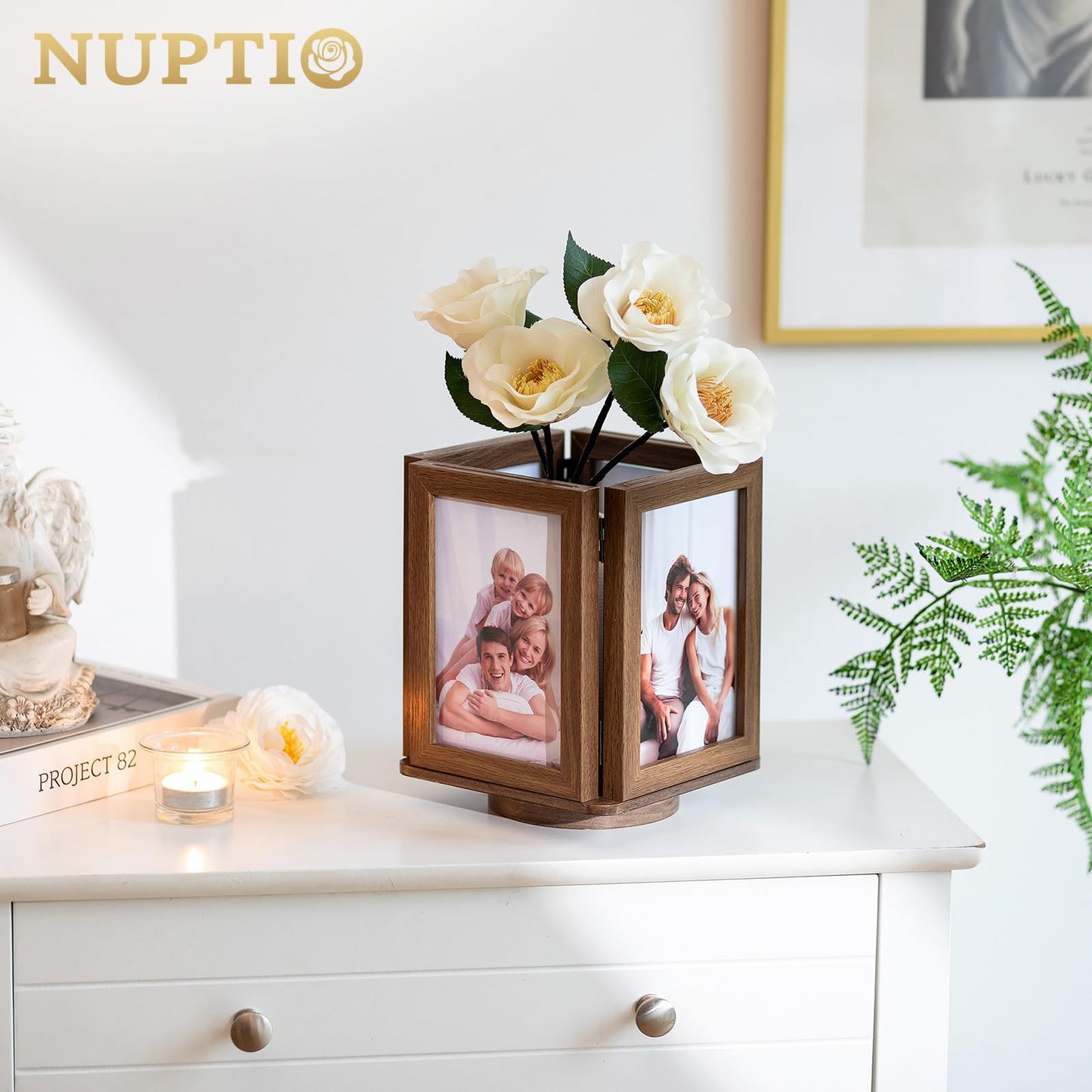 NUPTIO Rotating Picture Frames Cube: 4x6 Inch Double Wooden Brown Photo Frame for Wedding Christmas Birthday Anniversary Office Home Desk - Medaid International