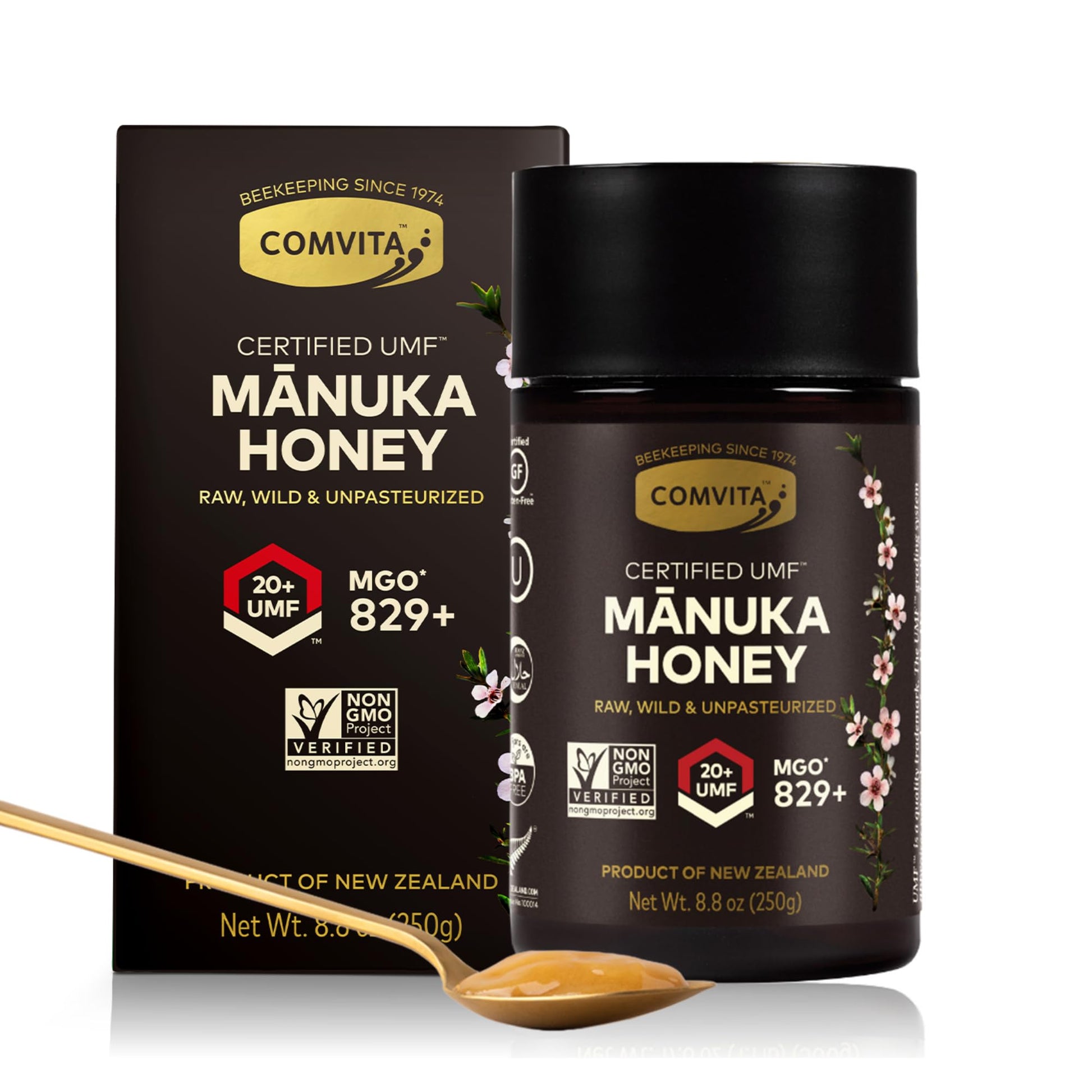Comvita Manuka Honey UMF 20+ (MGO 829+) - Raw Manuka Honey New Zealand, Pure & Unpasteurized, Superfood for Immune Health, Use in Tea, Wild, Monofloral, Non-GMO - 250g (8.8 oz) - Medaid International