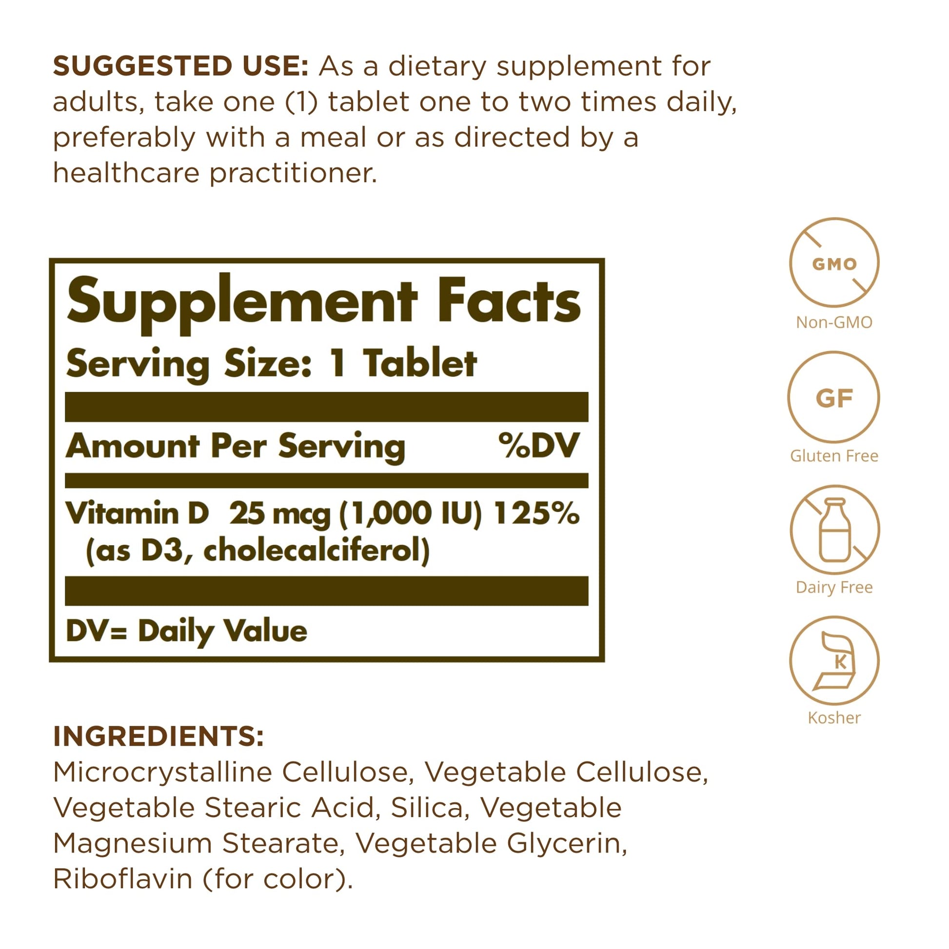 Solgar Vitamin D3 (Cholecalciferol) 25 mcg (1000 IU) - 90 Tablets - Helps Maintain Healthy Bones & Teeth - Immune System Support - Non-GMO, Gluten Free, Dairy Free, Kosher - 90 Servings - Medaid International