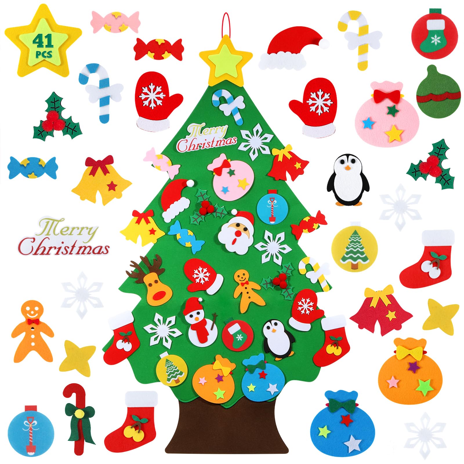 TOBEHIGHER DIY Felt Christmas Tree - 3.6 FT, 41 Piece Ornament Set, 3D Design, Reusable Adhesive Pads, Green, Life-Size, Unisex, Christmas Theme, Art & Craft Kit for Kids - Medaid International