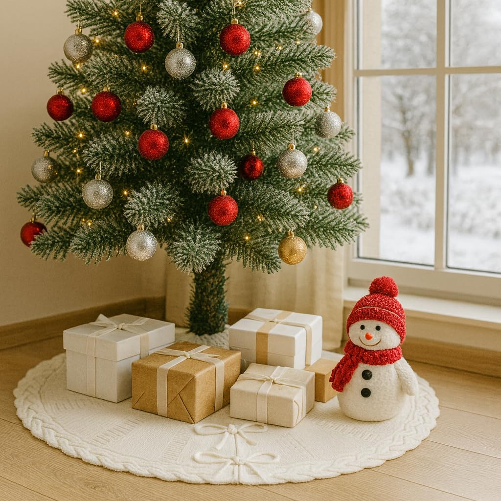 PUKUPIG 24 Inch White Knitted Small Christmas Tree Skirt, Chunky Cable Knit with Braided Scalloped Edge, Perfect for Xmas Holiday Decorations - Medaid International