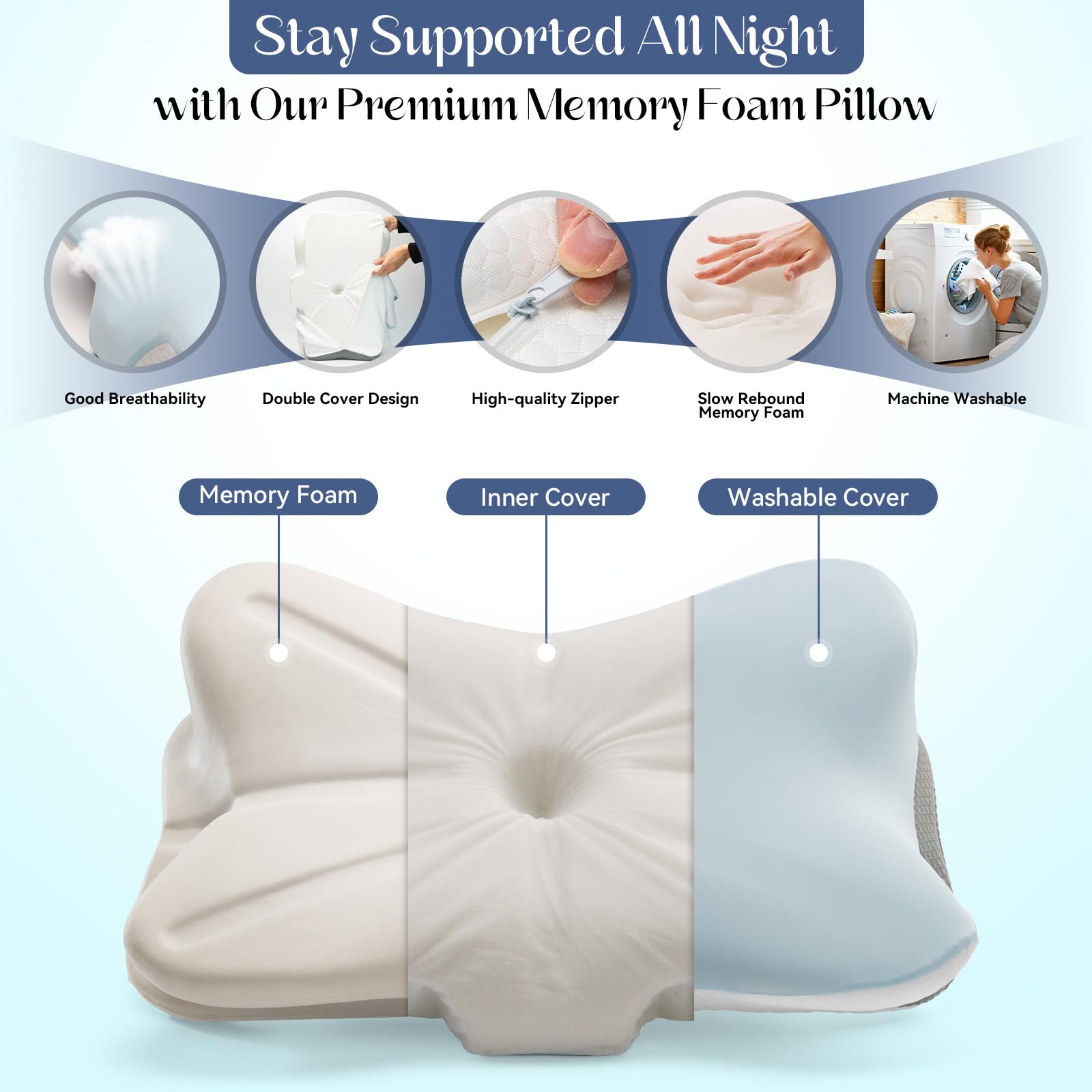 SHJADE Cervical Pillow for Neck Support, Memory Foam Contour Pillow, Ergonomic Orthopedic Pillow, Adjustable Height Soft Bed Pillow with Breathable Pillowcase for Back, Side, Stomach Sleeper - Medaid International