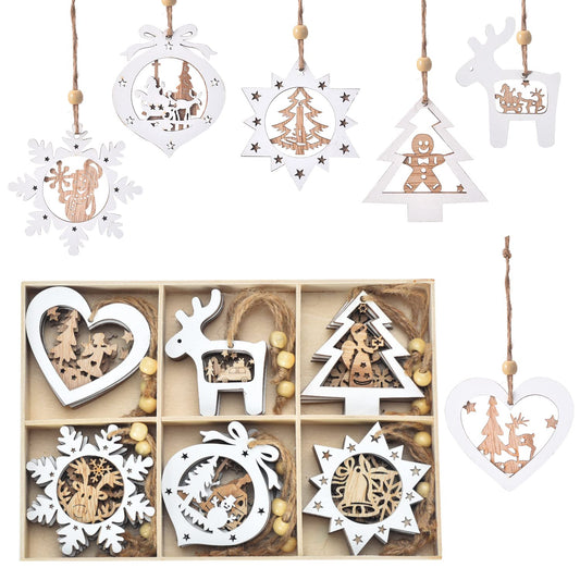 IDATOO Christmas Tree Ornaments Set of 24 Wooden Craved Hanging Craft Decorations for Winter Wonderland, 3D Rustic Farmhouse Christmas Ornaments Holiday Decor for Christmas Tree Home Office (White) - Medaid International